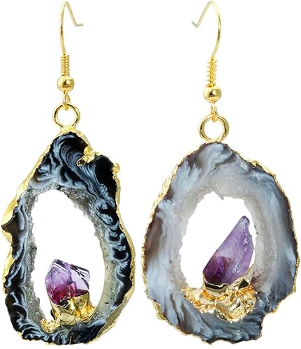 Miniatura 2 de SUNYIK Pendientes colgantes de rodaja de geoda de ágata natural de cuarzo druzy, con cristal de amatista, pendientes de gota chapados en oro