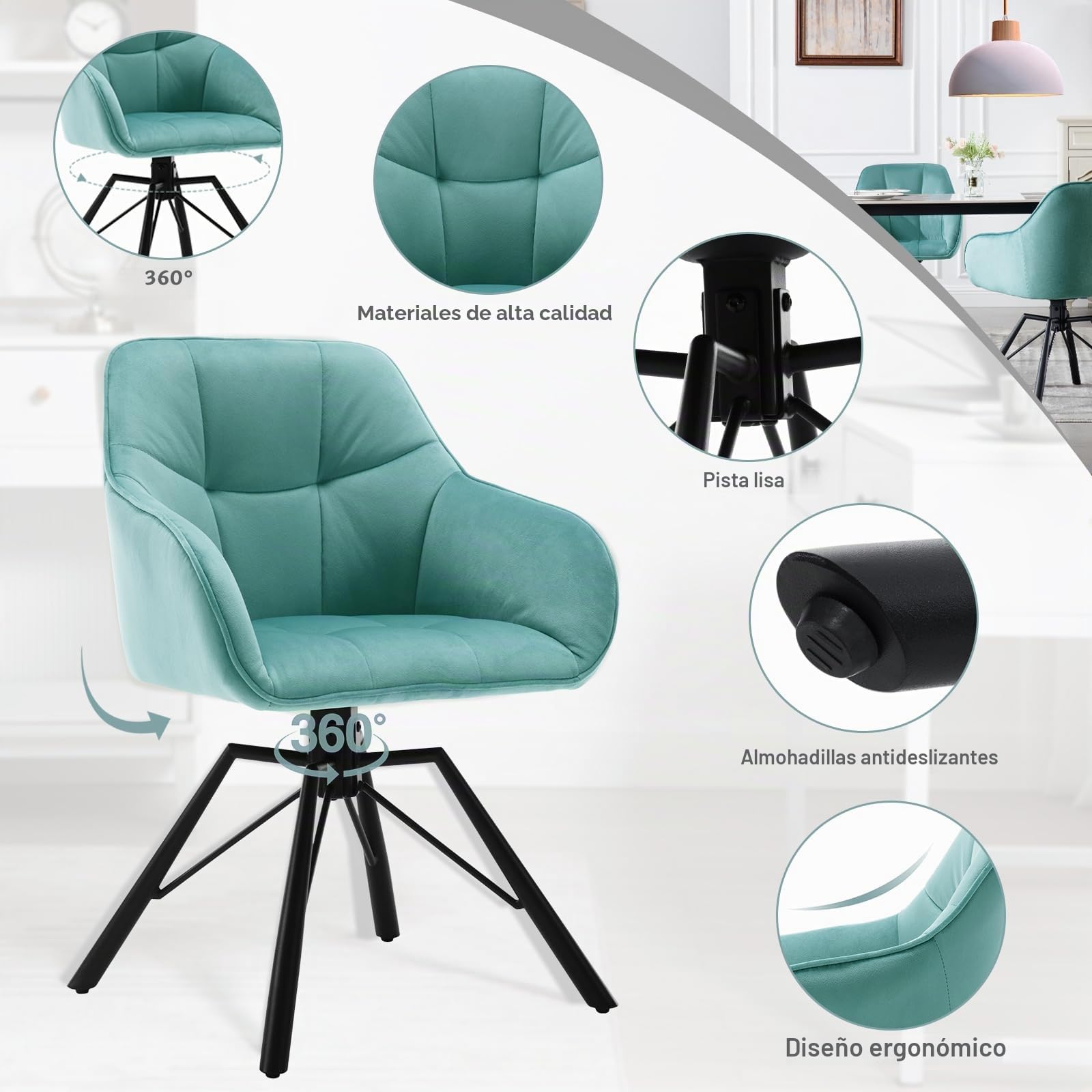 WOLTU Silla de Comedor Giratoria,Terciopelo,Turquesa | Estructura de Patas metálicas,Estilo Moderno. Apta para Cocina,salón,Comedor y Dormitorio