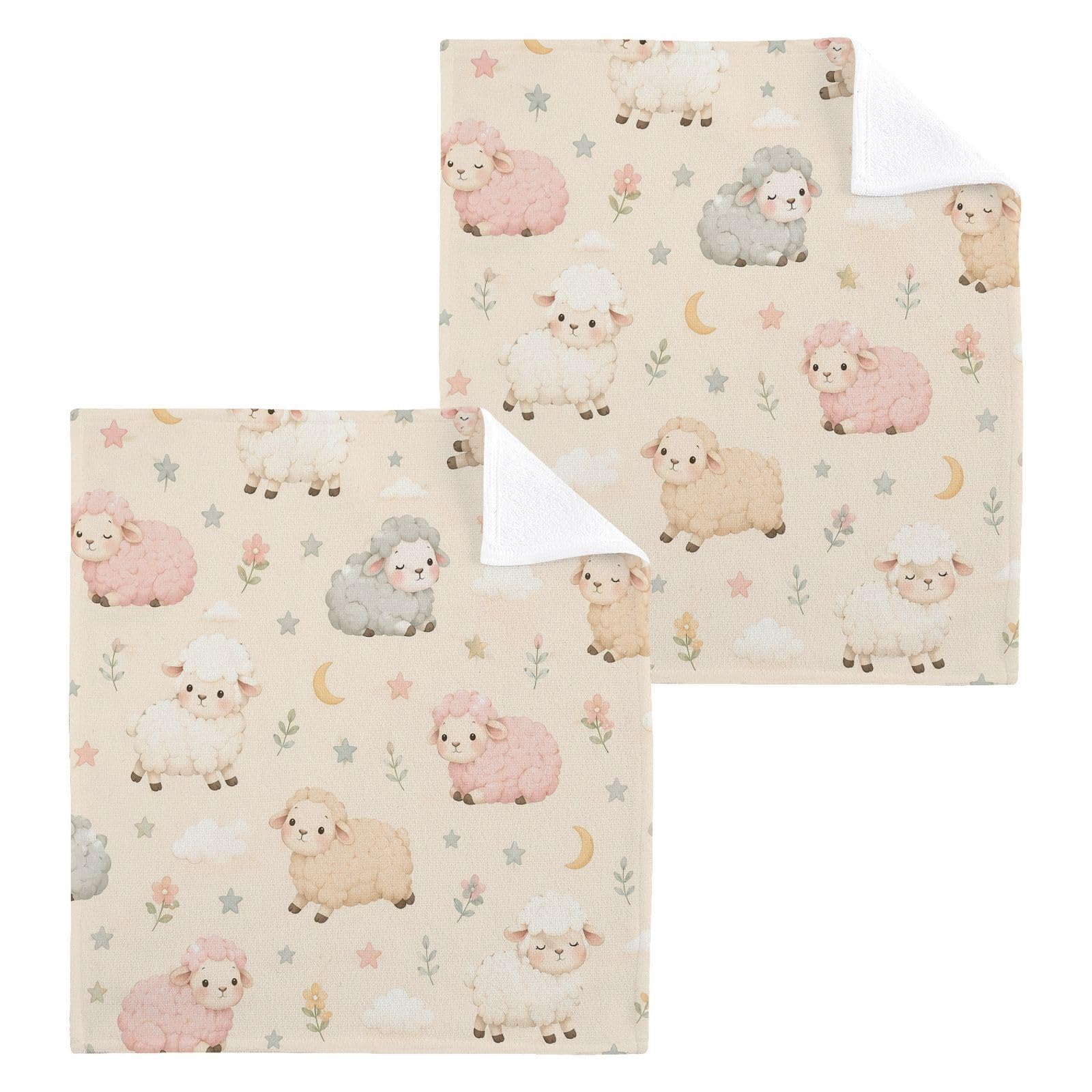 BOESI Cute Sheep 12x12in Cotton Washcloth,Soft Absorbent Face Towel