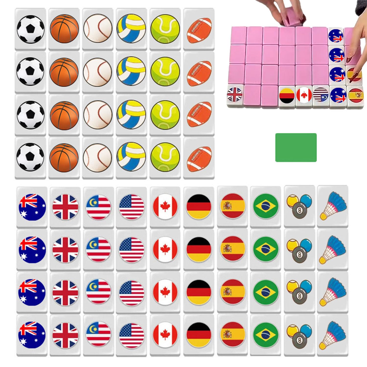 Mahjong Gioco da Tavolo Emoji, Set Mahjong con 65 Tessere con Motivo a Bandiera da 24 mm, Gioco di Strategia Classico, Gioco da Tavola Adatto a Casa, All'aperto