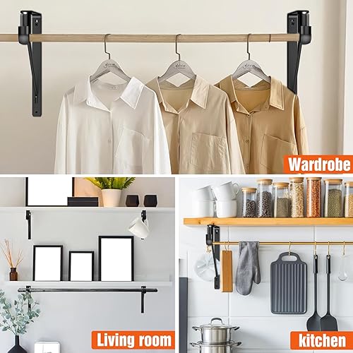 Miniatura 5 de Pisman Soporte para barra de armario negro de 10 pulgadas, 2 piezas, soportes de estante resistentes para almacenamiento de armario, almacenamiento