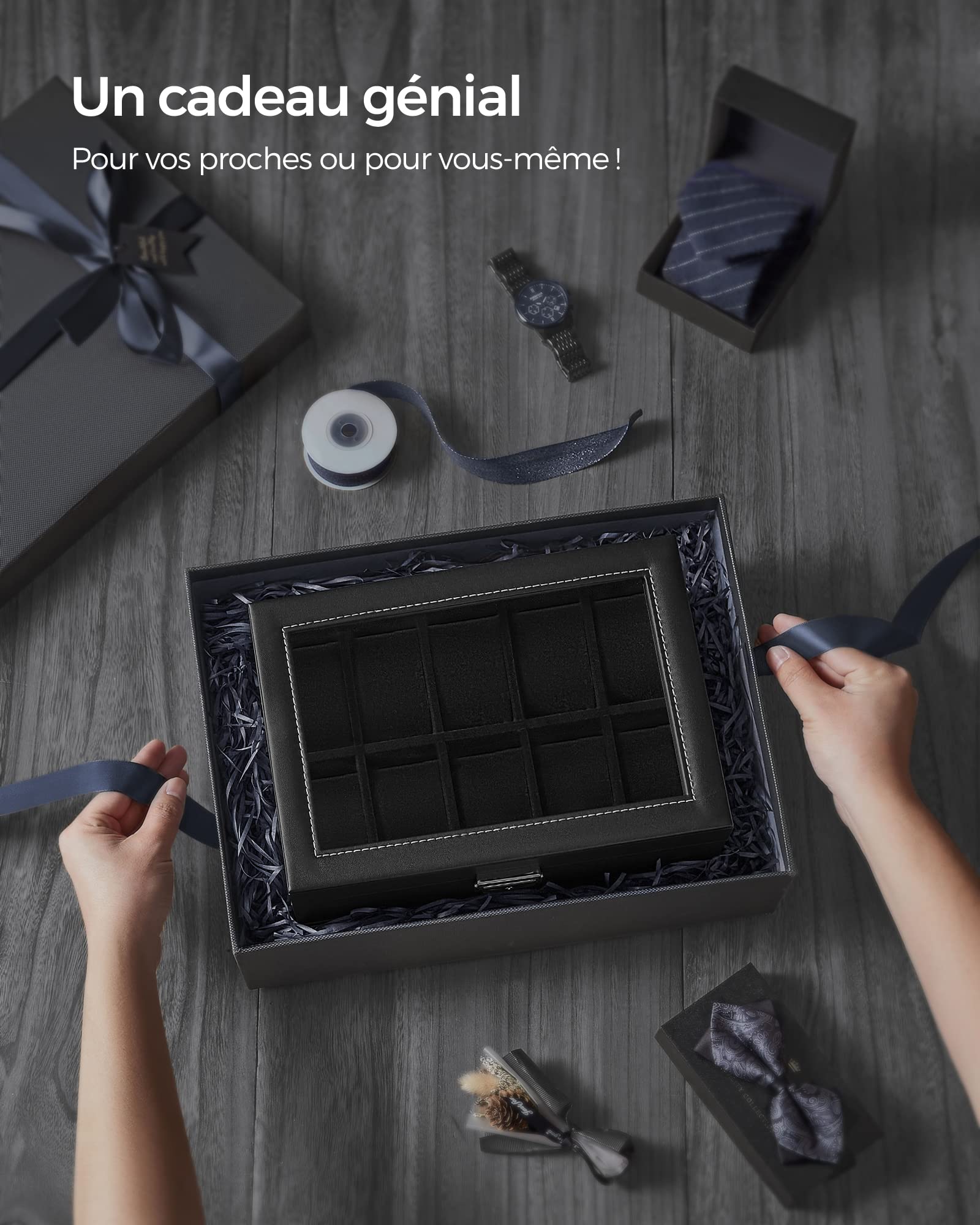 SONGMICS Boîte à Montres 20 Compartiments, Coffret à Montres, avec Couvercle en Verre, Écrin à 2 Niveaux, avec Coussinets Amovibles, Revêtement en Noir et Doublure en Noir JWB020B01