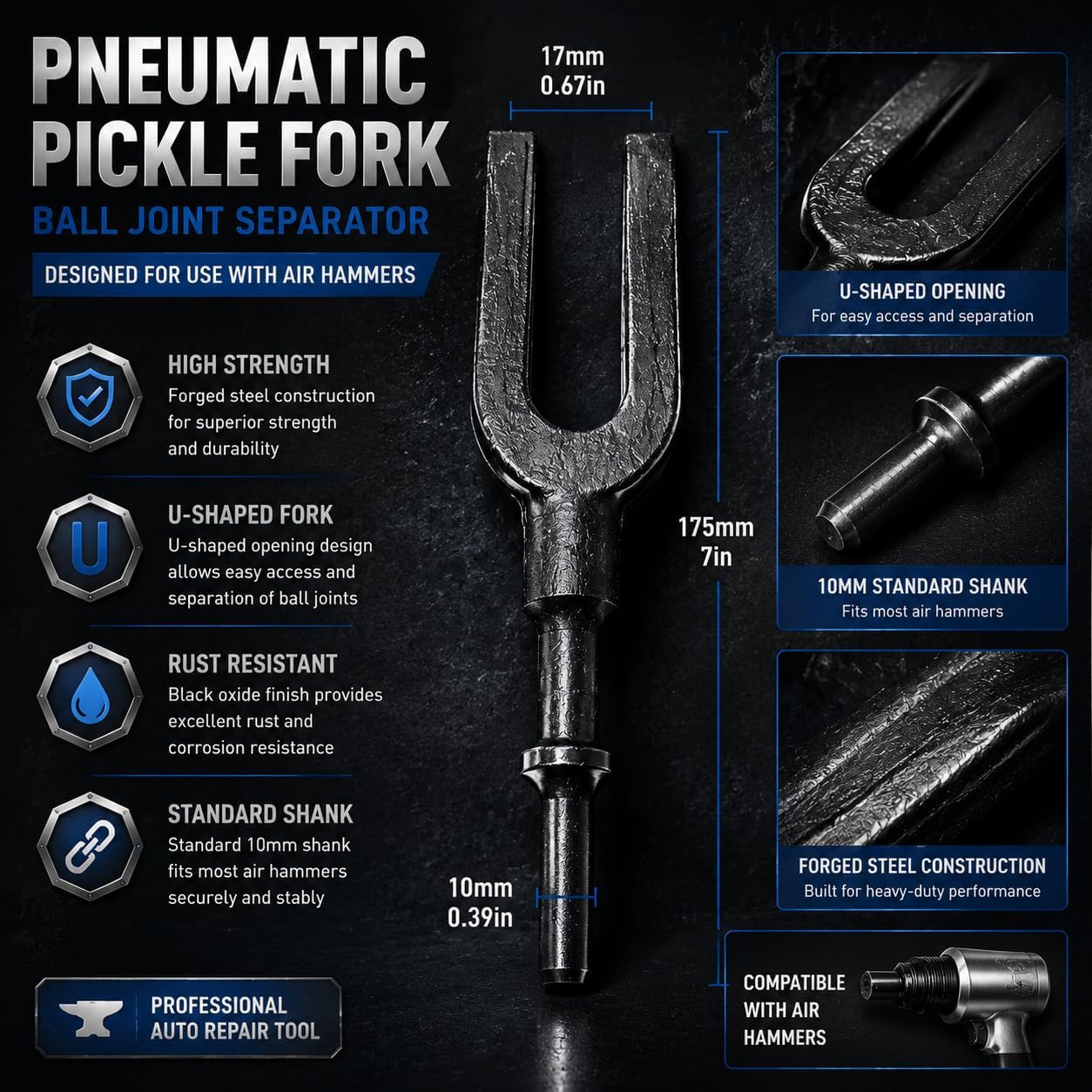 Heavy Duty Pickle Fork Ball Joint Separator - 7" 175mm, 17mm 0.67in Fork, 0.401" Shank Pneumatic Tool for Ball Joints, Tie Rods & Pitman Arms