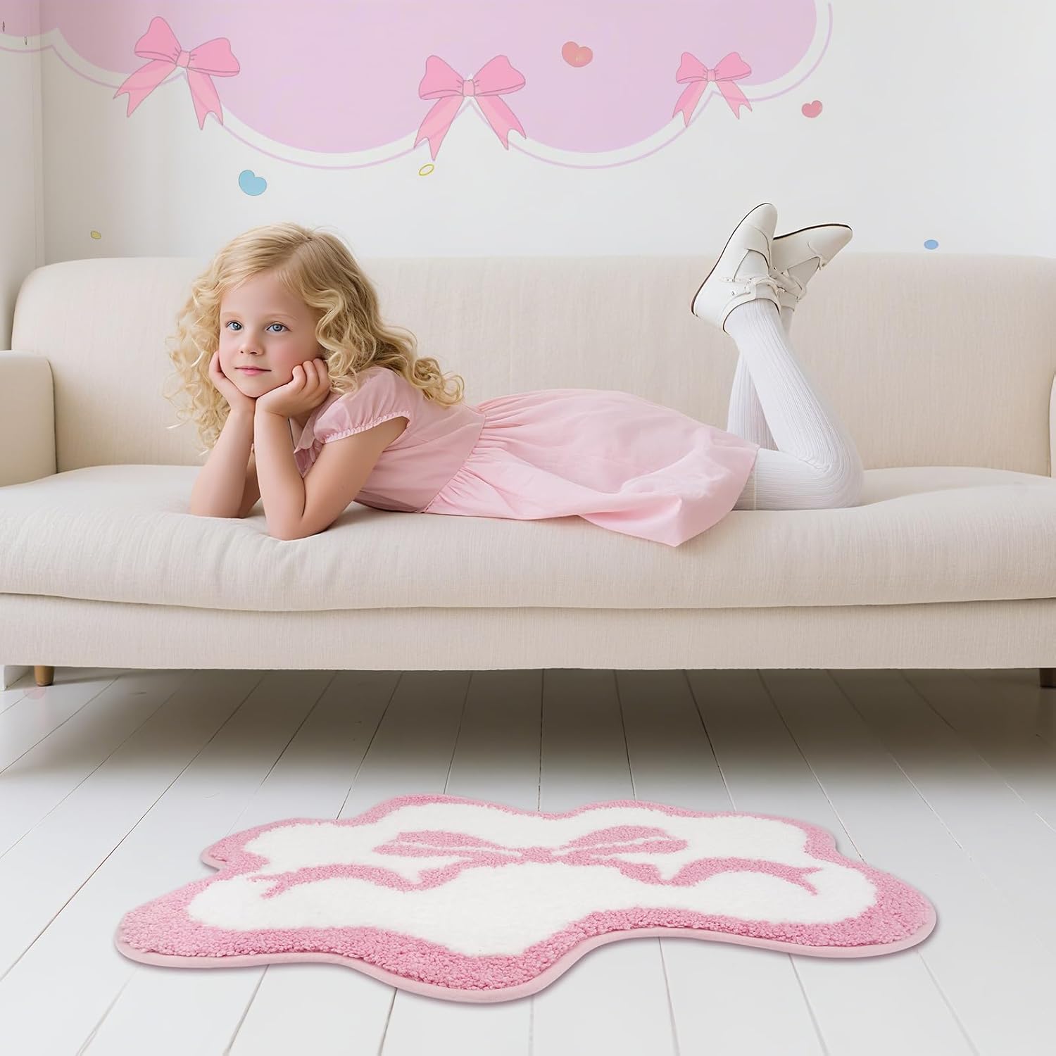 Pink Rug - Cute Bow Bath Rug, Machine Washable Bathroom Mat, Decorative Pink Carpet for Girls Bedroom, Bathroom & Kids Room (2'3×1'6)