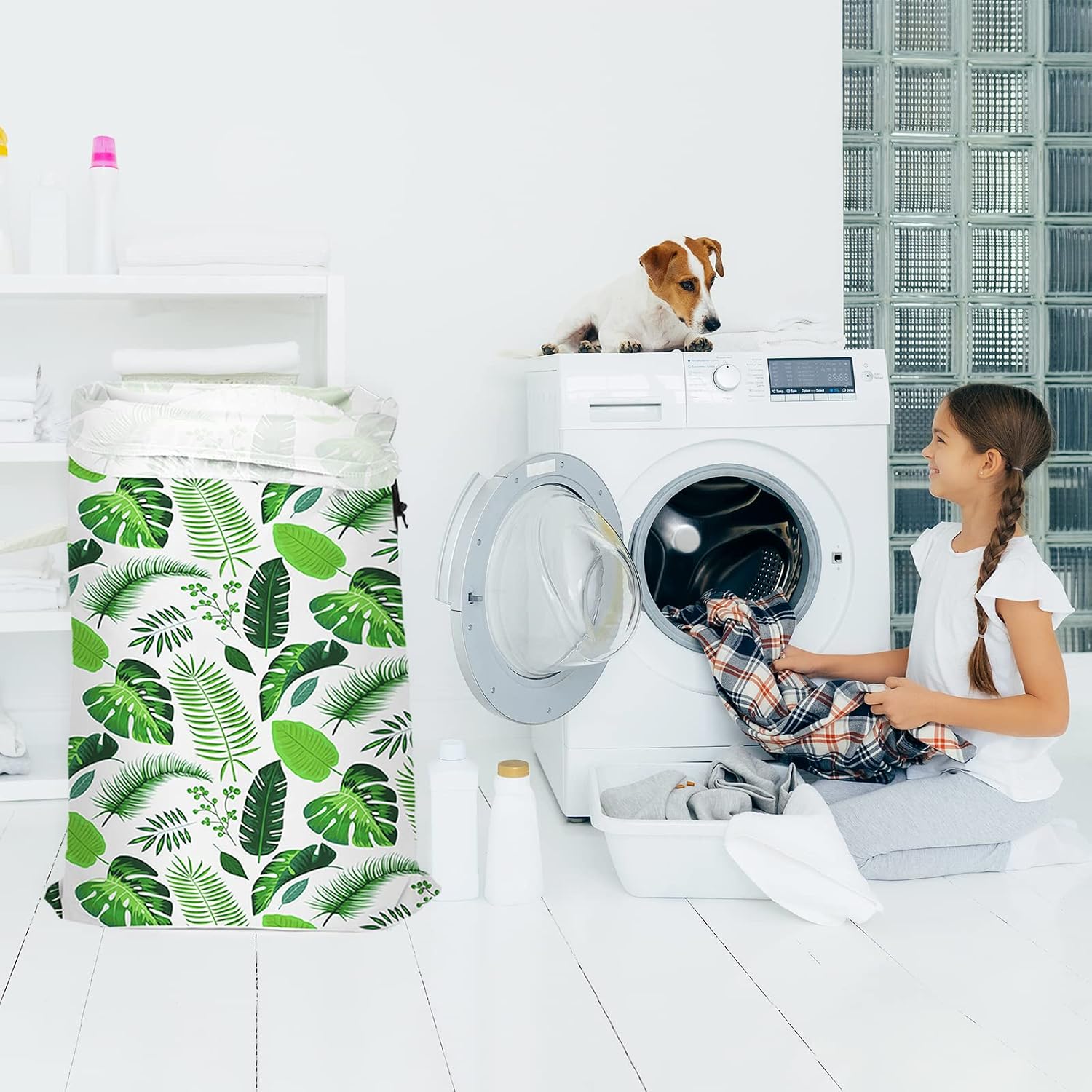 Nidoul 2 Pack XL Laundry Bags, Drawstring Closure Dirty Clothes Bag Organizer, Heavy Duty Large Laundry Bag, Durable Rip-Stop Bags for Camp Travel, Machine Washable 24" x 36" (Green Leaves)
