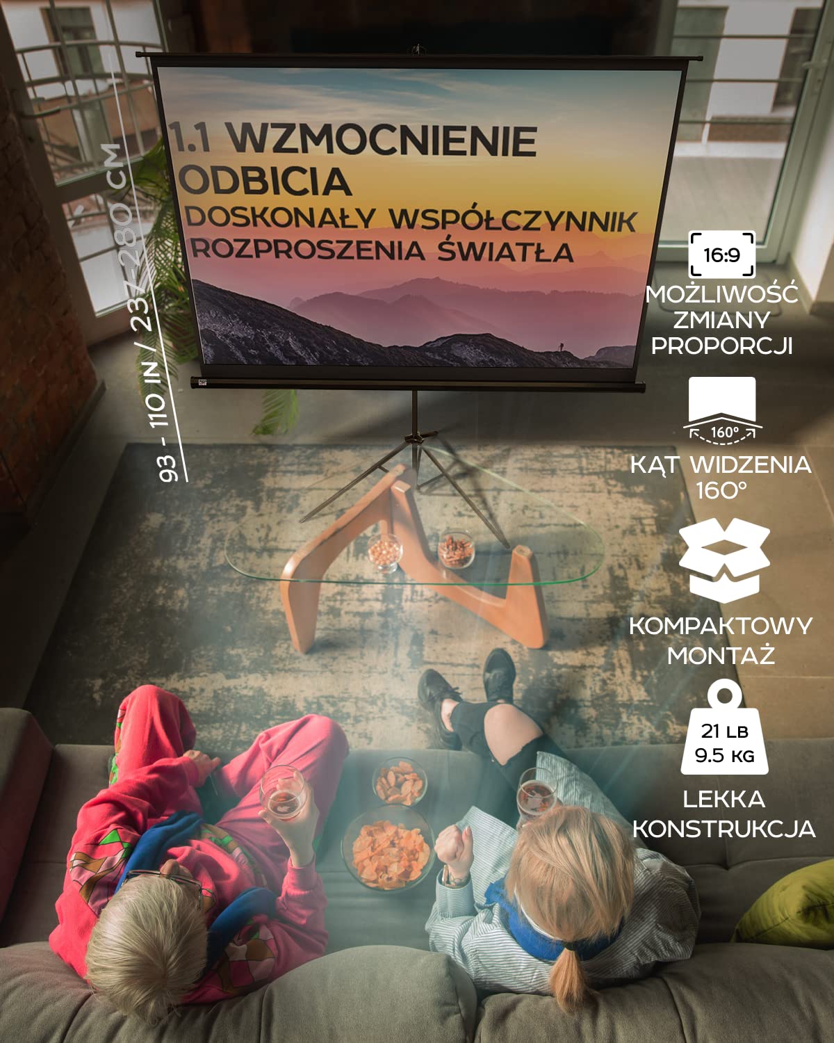PropVue Ekran projekcyjny z uchwytem 100-120 cali – ekran projekcyjny do użytku wewnątrz i na zewnątrz do prezentacji filmów lub na pulpicie – możliwość regulacji w zakresie od 16:9 do 4:3 HD bez