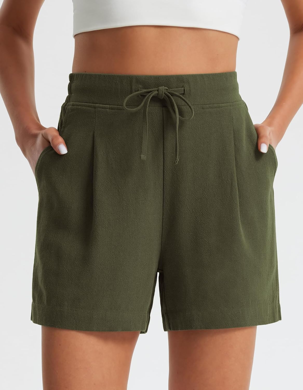 Libin Women's Linen Shorts High Waisted Casual Summer Shorts Lightweight Beach Vacation Comfy Outfits with Pockets, Z-Army Green, M