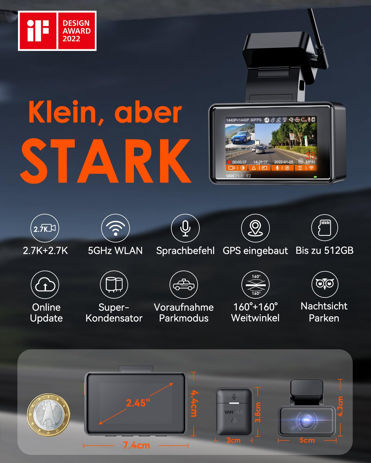 VANTRUE E2 2.7K+2.7K Dash Cam, 5GHz WiFi GPS Doppia 1944P Telecamera Per Auto, Dashcam Controllo senza Fili e Vocale, 24h. Modalità di Parcheggio Tampone, Visione Notturna WDR 2,45" 160 Gradi Max 512G