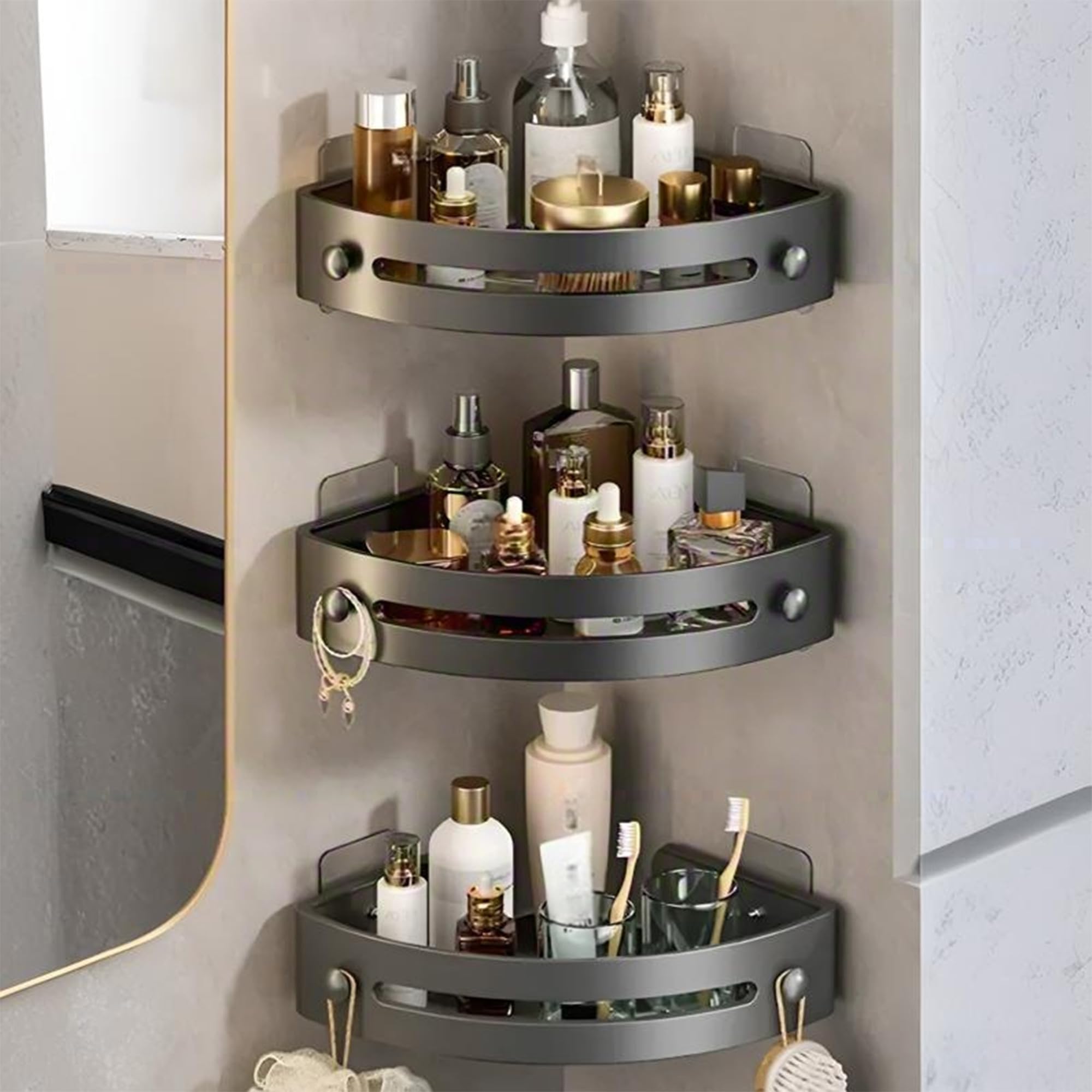 Triangle Shower Caddy Drill-Free Wall Mount Bathroom Storage Rack Plastic Triangle Shower Shelves with Towel Hooks and Drainage