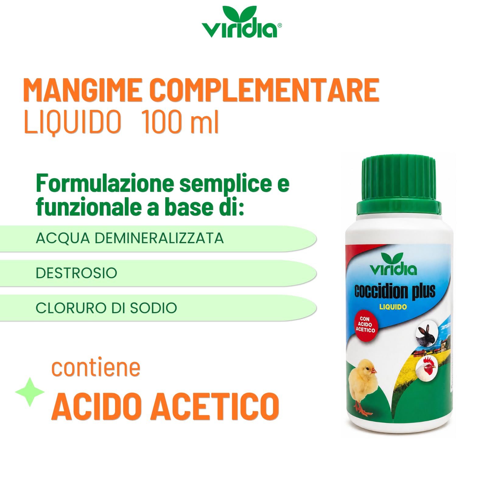 viridia Coccidion Plus Liquido 100 ml – Mangime Complementare per Volatili e Conigli, Supporto Intestinale con Acido Acetico, Equilibrio Intestinale, Facile da Diluire in Acqua da Bere