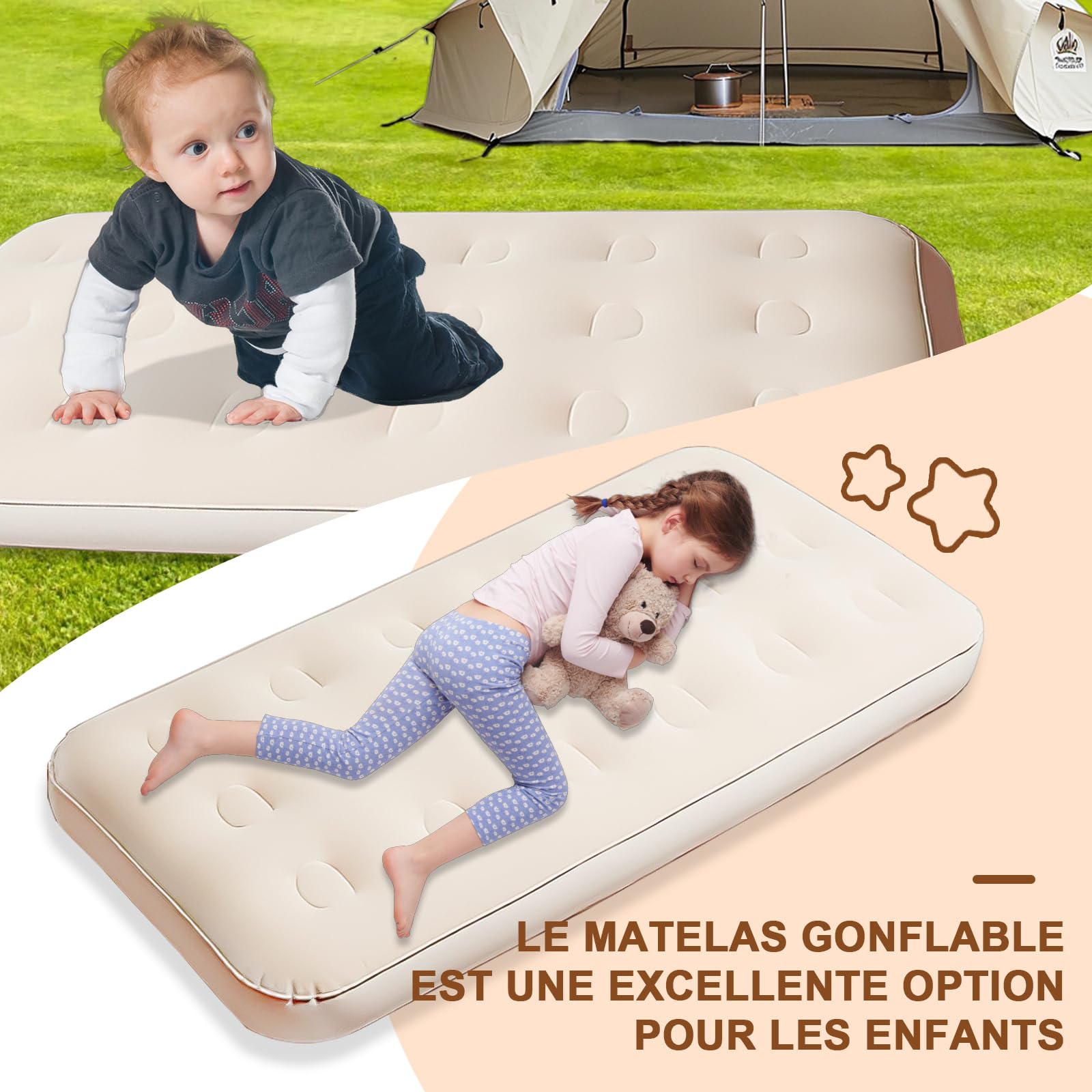 Lot de 2 Lits Gonflables pour Enfants avec Pompe Électrique, 140 x 70 cm | Matelas Floqués en PVC Beige pour Lit de Voyage, Maison, Camping, Soirées Pyjama et Nuits sous Tente