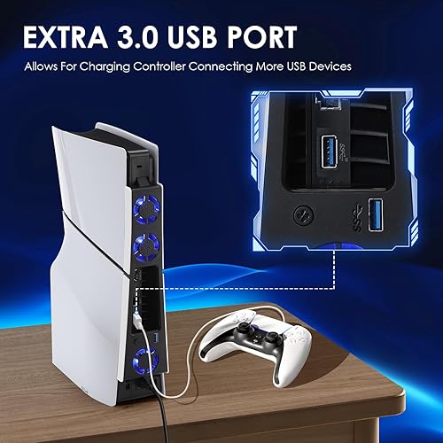 Miniatura 4 de Quiet Cooling Fan Station for PS5 Slim with Blue Light & USB 3.0 Hub, 2-Level Speed Cooling Stand Accessories for PS5 Console Slim,3 fans Digital