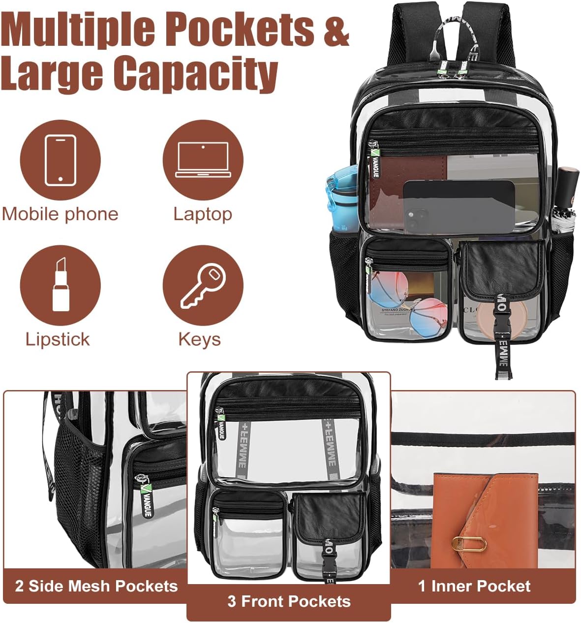 Vangue Clear Backpack Stadium Approved Heavy Duty Clear Bookbag with Padded Straps for Sport Events - Image 2