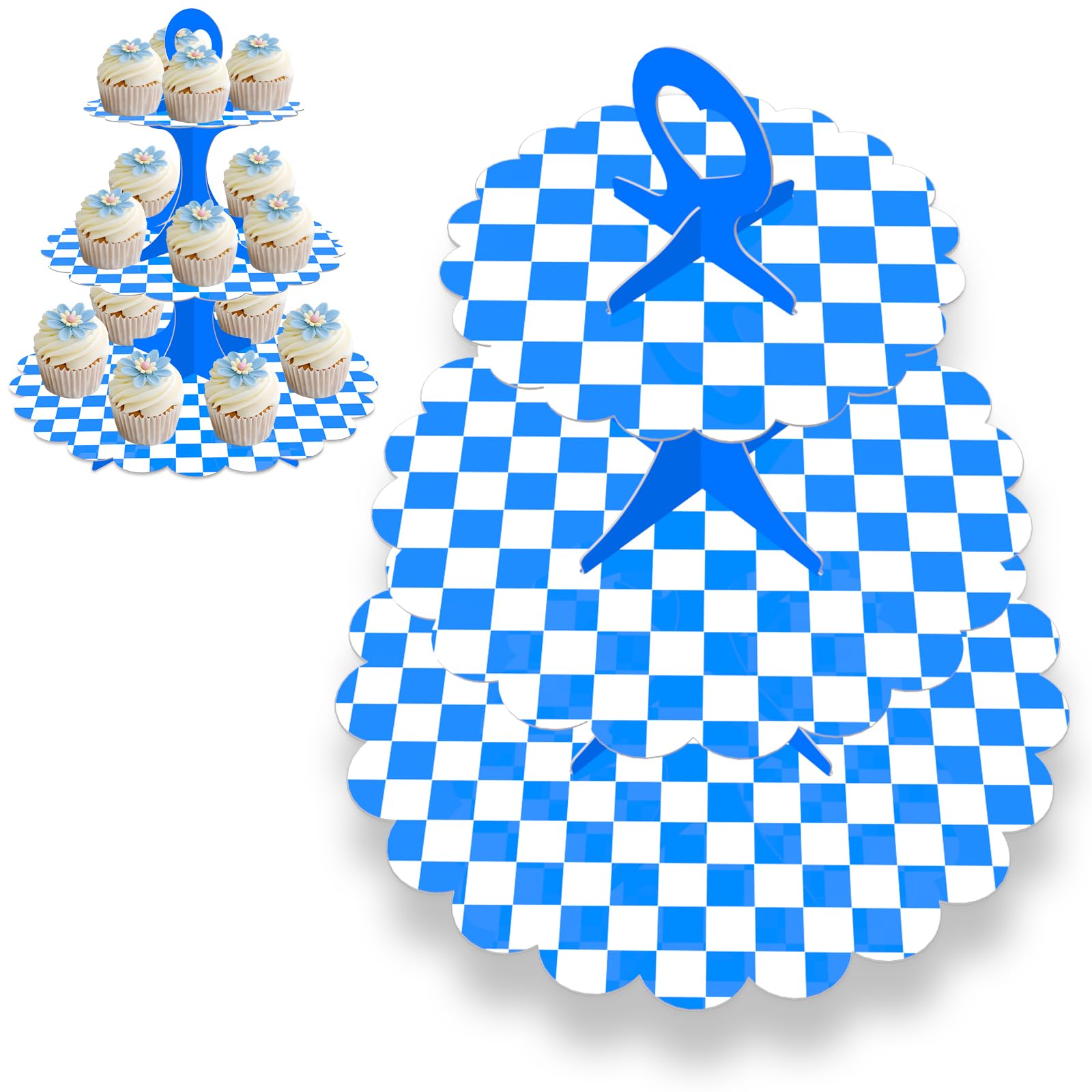 Humlindo 2 Pack 3-Tier Cupcake Stand,Blue White Checkered Cardboard Racing Car Theme Dessert Holder for Party Wedding Baby Shower Birthday Decor