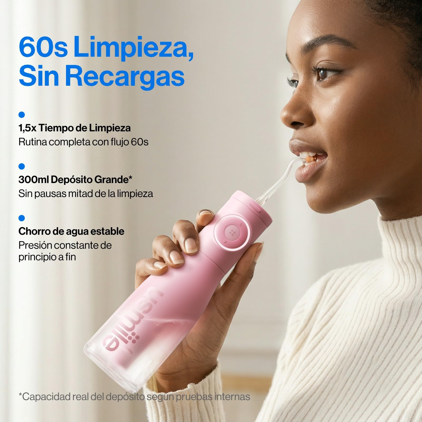usmile C30 Irrigador Dental Portátil Inalámbrico, Depósito de 300 ml, 5 Niveles de Presión, Boquillas para Ortodoncia e Invisalign, Recargable USB-C, IPX7 Impermeable, Rosa