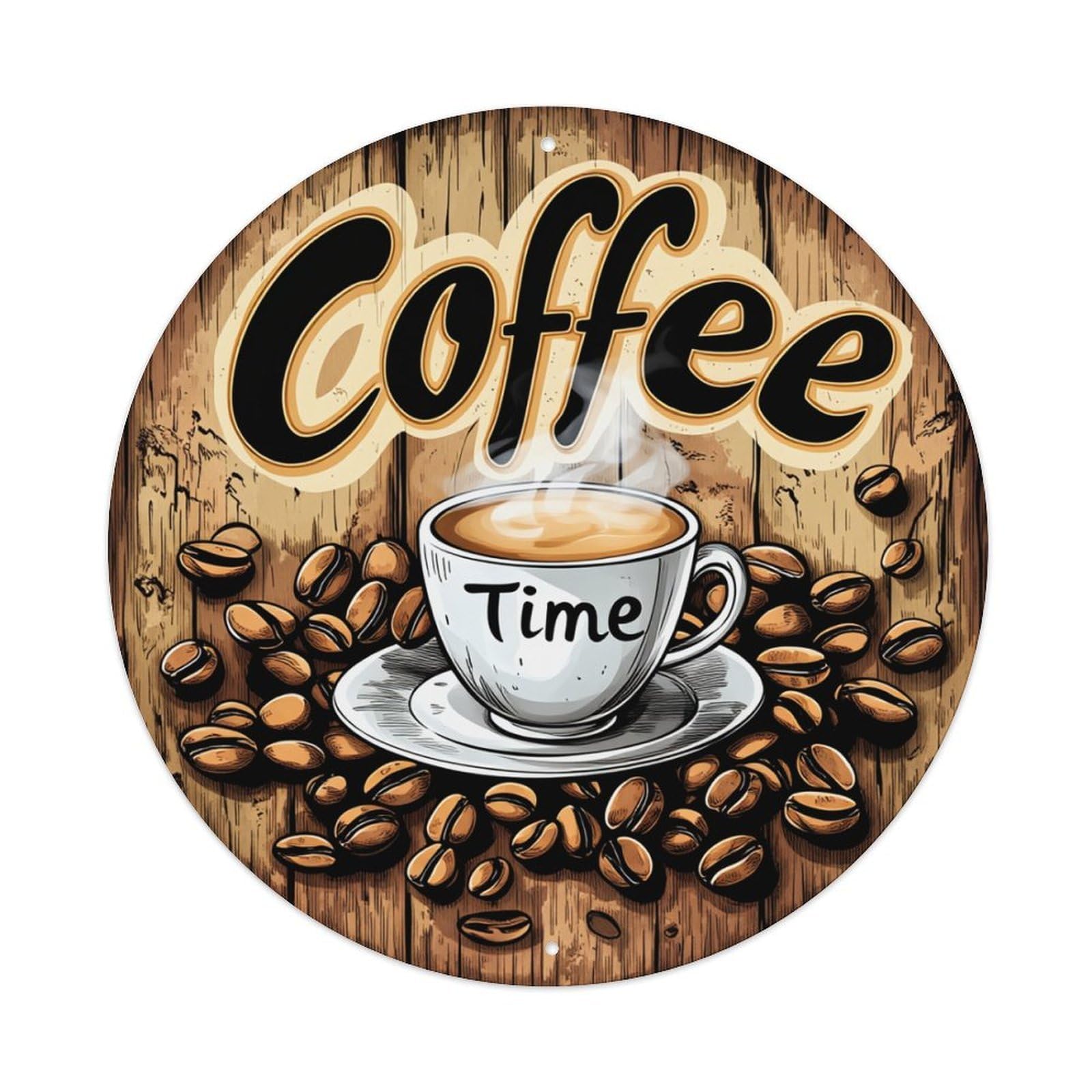 Coffee Time Cup Beans Wood Round Tin Sign Retro Metal Sign for Cafe Bar Pub Home Game Room Gym Club Wall Decoration Vintage Metal Poster 8x8 Inch