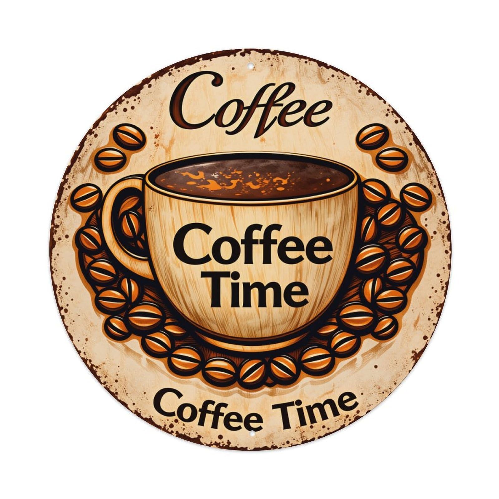 Coffee Cup Beans Time Pattern Round Tin Sign Vintage Style Metal Sign Home Bar Garden Wall Plaque Decor Metal Poster 8x8 Inch