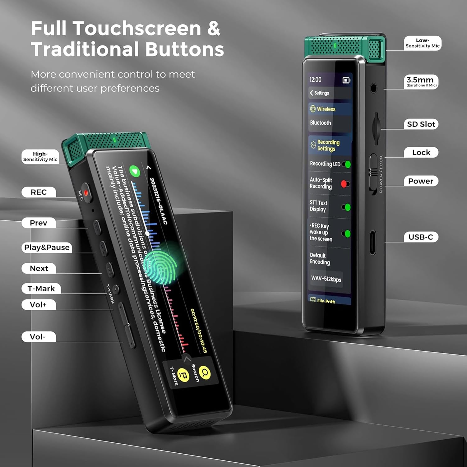 innioasis R1 Digitales Diktiergerät mit Wiedergabe, 136 GB, vollständiger Touchscreen-Diktiergerät mit KI-intelligenter Transkription und Bluetooth, sprachaktiviertes Sound-Audiorecorder-Gerät mit