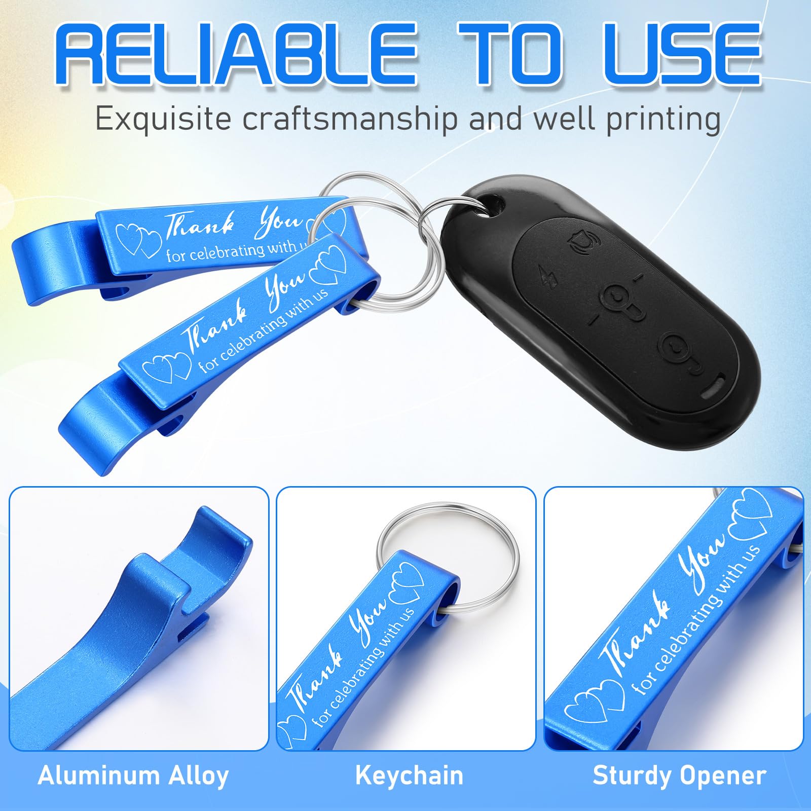 Dandat 100 apribottiglie portachiavi con scritta "Thank You" per gli ospiti, in alluminio, per vino, birra, inciso, regalo per matrimoni, compleanni, baby shower, souvenir (blu, 6,1 x 4,5 cm)