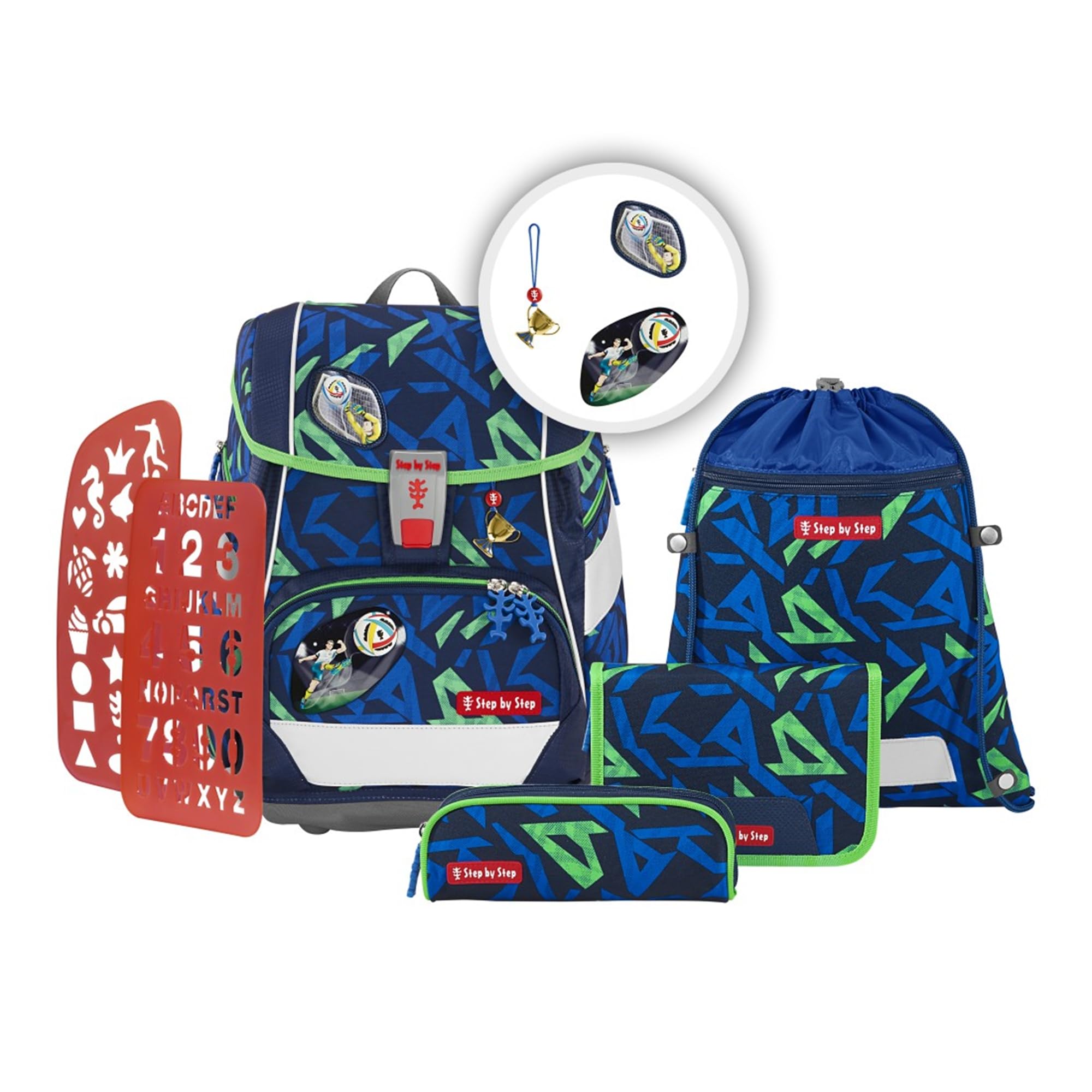 Step by Step Schulranzen-Set 2IN1 Plus „Soccer Ben“ 6-teilig, ergonomischer Tornister, höhenverstellbar mit Hüftgurt, für die Grundschule, ab der 1. Klasse, 19L, blau-grün