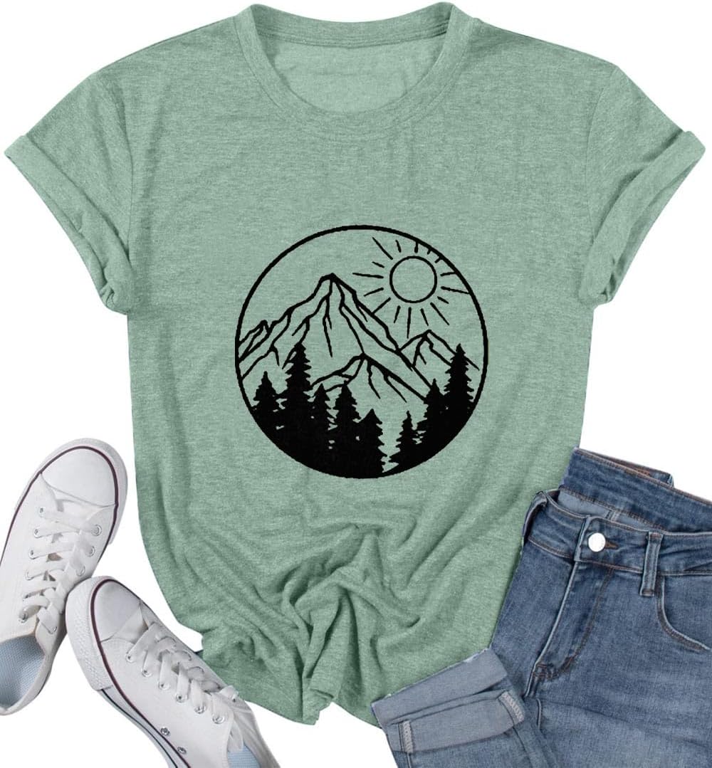 Adventure Awaits Shirts for Women Cute Sunrise Eagle Graphic Hiking T Shirts Outdoor Casual Short Sleeve Wildflower Tops