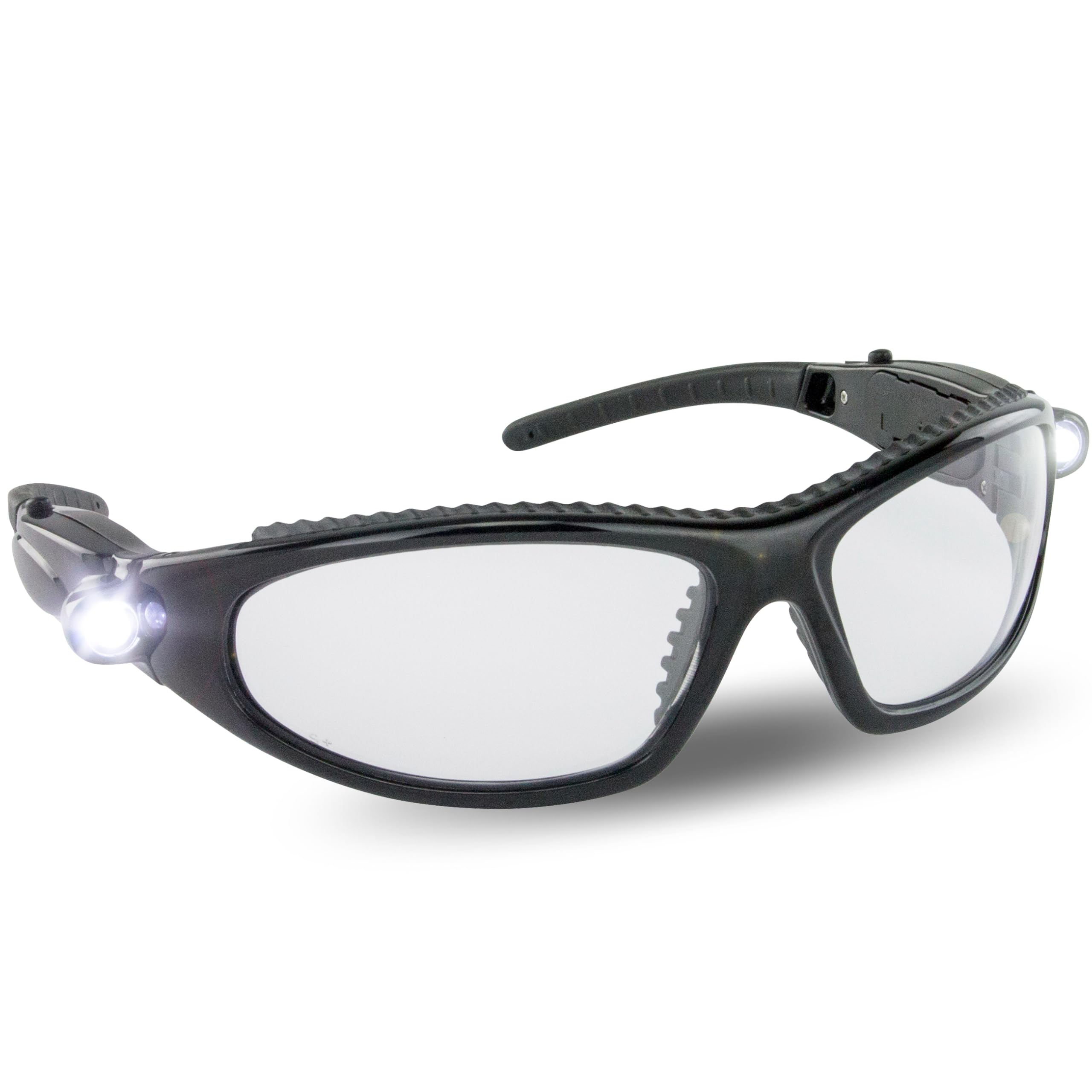 LED Inspector Safety Glasses | Protective Eyewear | Black Frame, Polycarbonate Clear Frames | Low to High Impact | Built-In LED Lights | 99.9% UV Protection | Woodworking, Construction, Mechanic