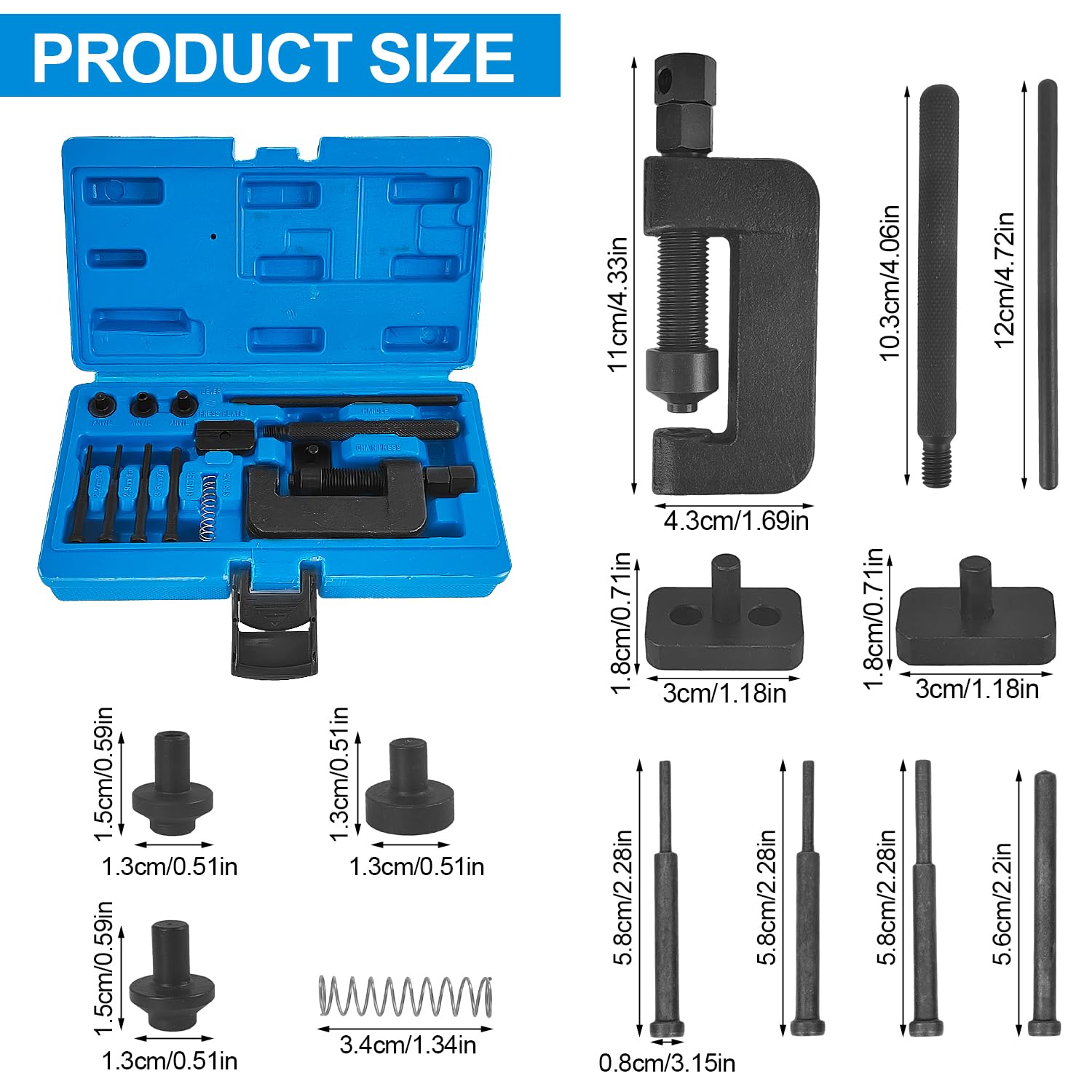 13 Piezas Remachadora Cadena Moto Kit, Tronchacadenas Moto Kit de Reparación, con Carcasa de Plástico de Alta Resistencia, Herramienta para Cortar Cadenas y Remachar