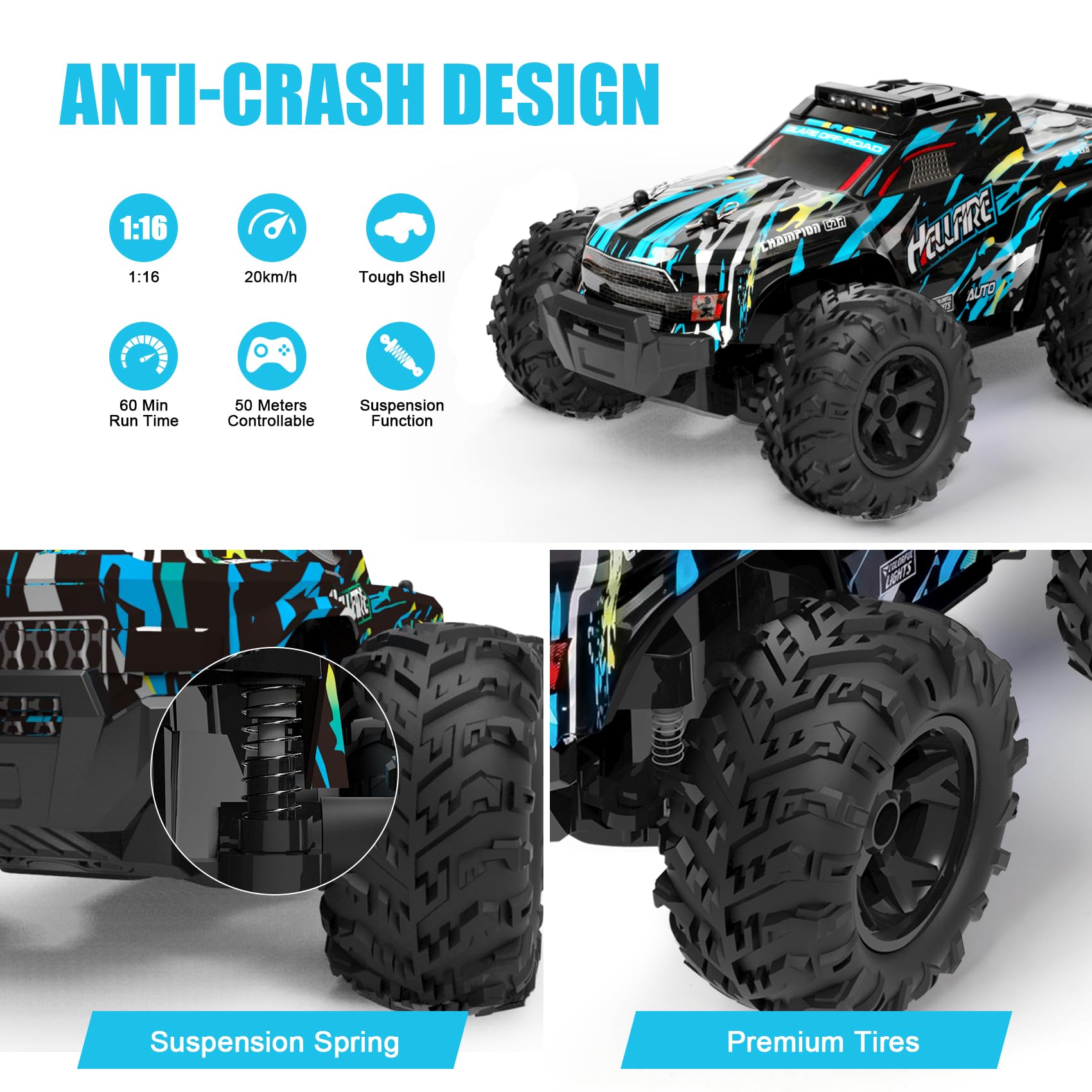 BAZADER Remote Control Cars RC Truck 1:18 RC Car with LED Light 2.4GHz All Terrain Off Road Truck Toys - High Speed 25KMH+ with Spray 60 Mins Playtime Fast Racing Toy for Kids Adults - Image 2