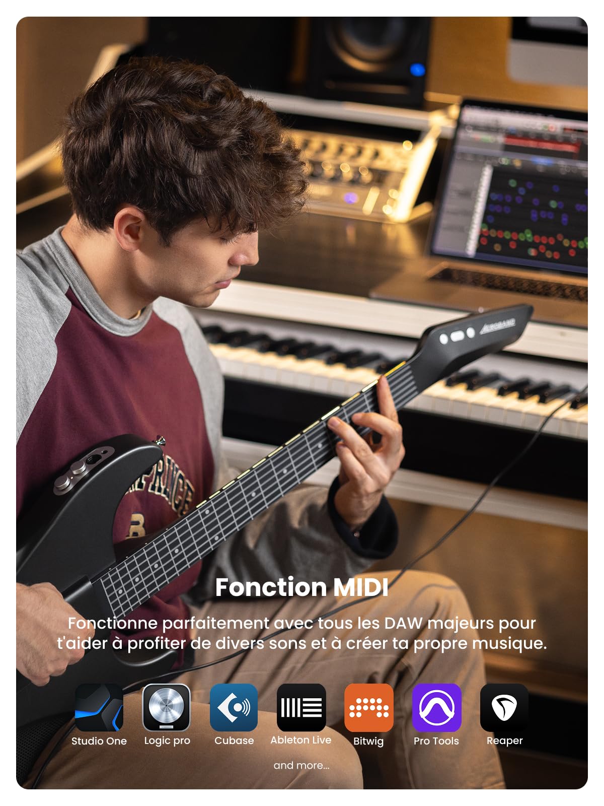 AeroBand Guitare intelligente sans cordes, acoustique, électrique, voyage, portable, silencieuse avec touche amovible pour les passionnés, adultes, adolescents, MIDI (noir)