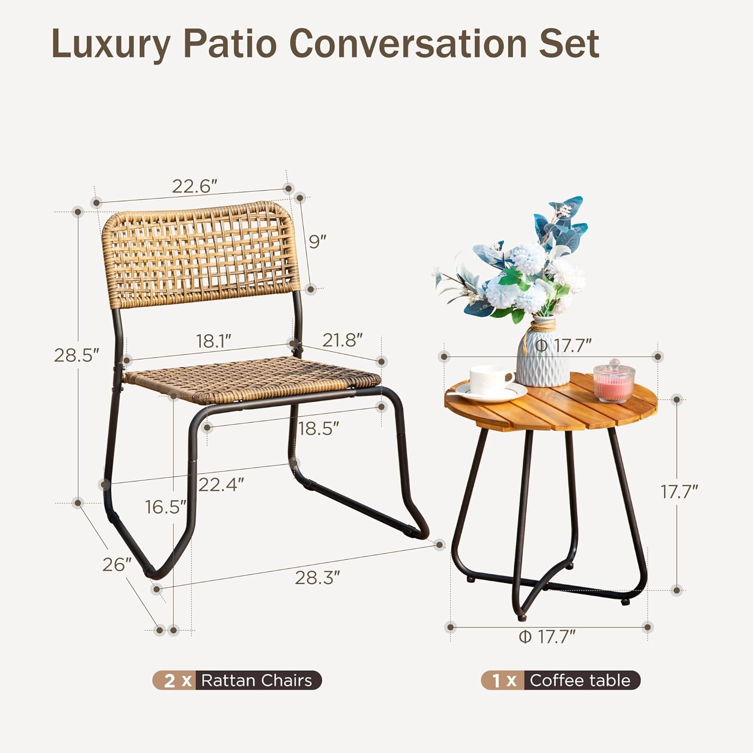 PHI VILLA 3 Pieces Outdoor Wicker Bistro Set for 2, Stackable Rattan Chairs & Acacia Wood Round End Table, Small Teak Conversation Furniture Set for Patio, Deck, Yard, Porch, Balcony