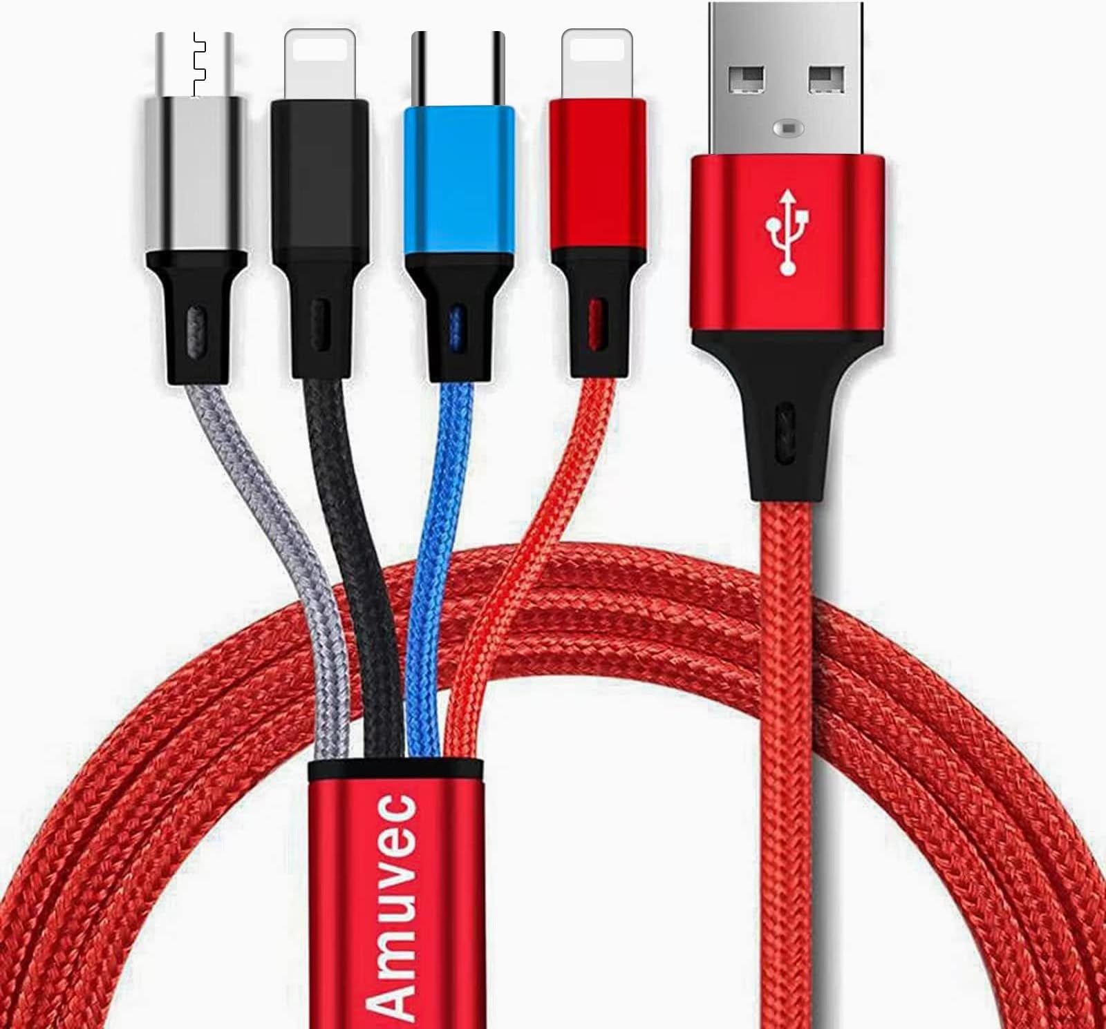 Amuvec Multi Charger Cable, 4 in 1 3A USB Fast Charging Cord Nylon Braided with 2iP Type C Micro USB Connector, for Phone, Samsung Galaxy S22 S20 S10 S9 Plus, Huawei, Sony, Moto, Xiaomi, LG, PS5-1.2M