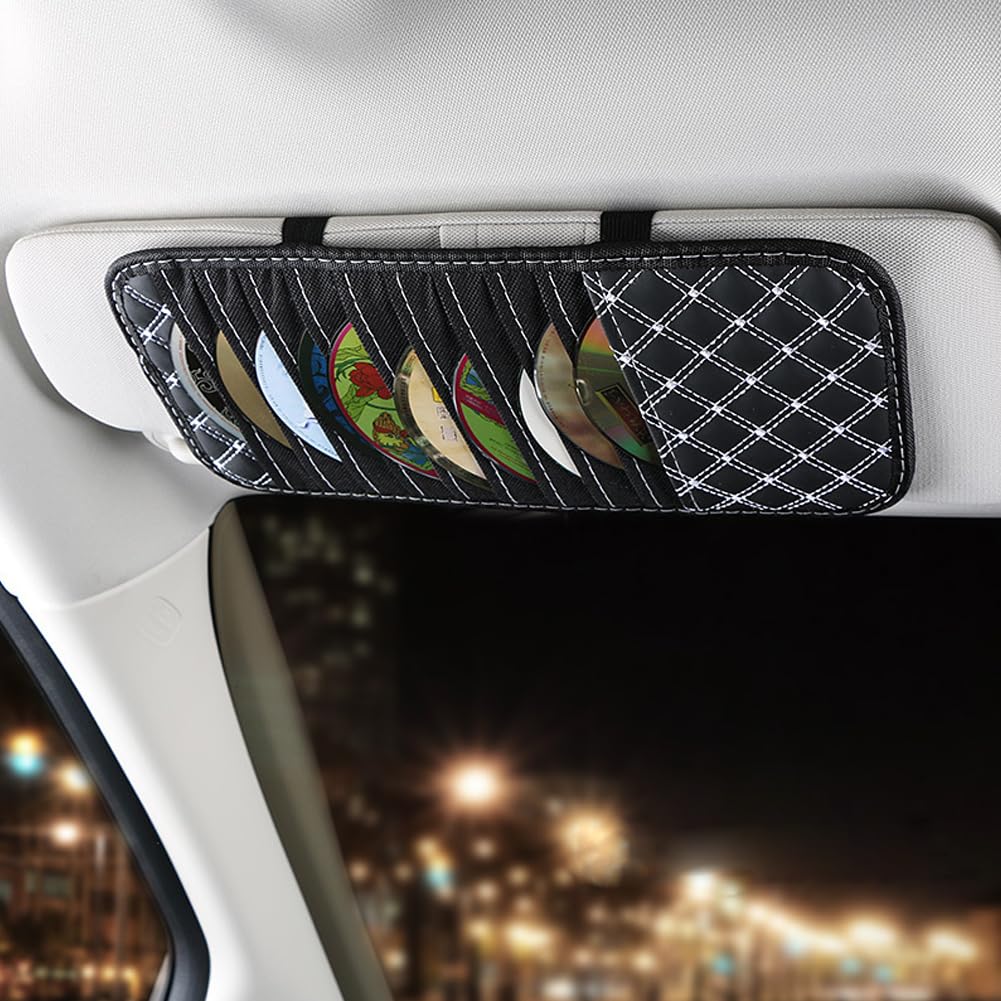 1PCS Car Sun Visor CD Pocket Organizer, 10 CDs/ DVDs Storage Bag, Multi-Pocket Visor Organizer Storage Pouch, Auto Interior Accessories Pocket Organizer for Cards, Drving License, Ticket (White Line)