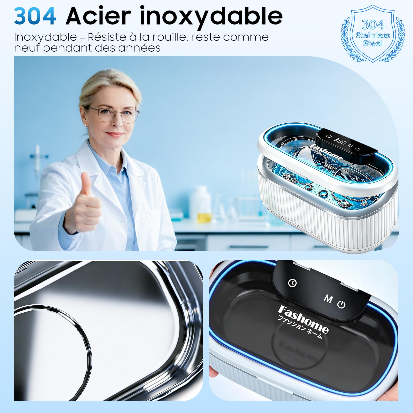 Fashome Nettoyeur Ultrasons 45KHz, 3 modes, cuve en acier inoxydable de 550 ml avec 2×100 ml de solution de nettoyage, adapté aux bijoux, lunettes, bagues, prothèses dentaires, élégant coffret cadeau