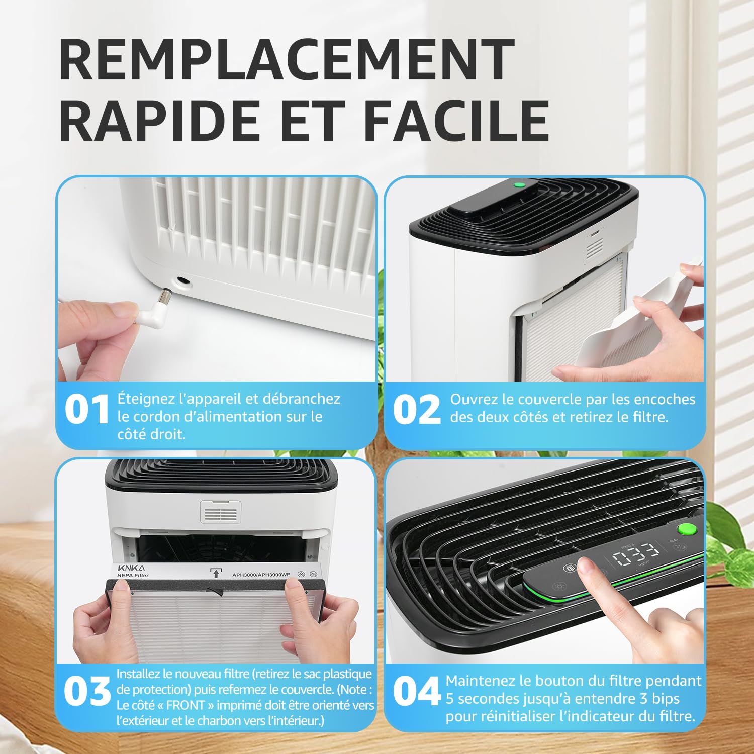 KNKA Filtre de Rechange pour Purificateur d'Air APH3000, Lot de 2 Filtres Combinés HEPA & Charbon Actif, Élimine 99,97% Poussière, Pollen & Odeurs, Durable
