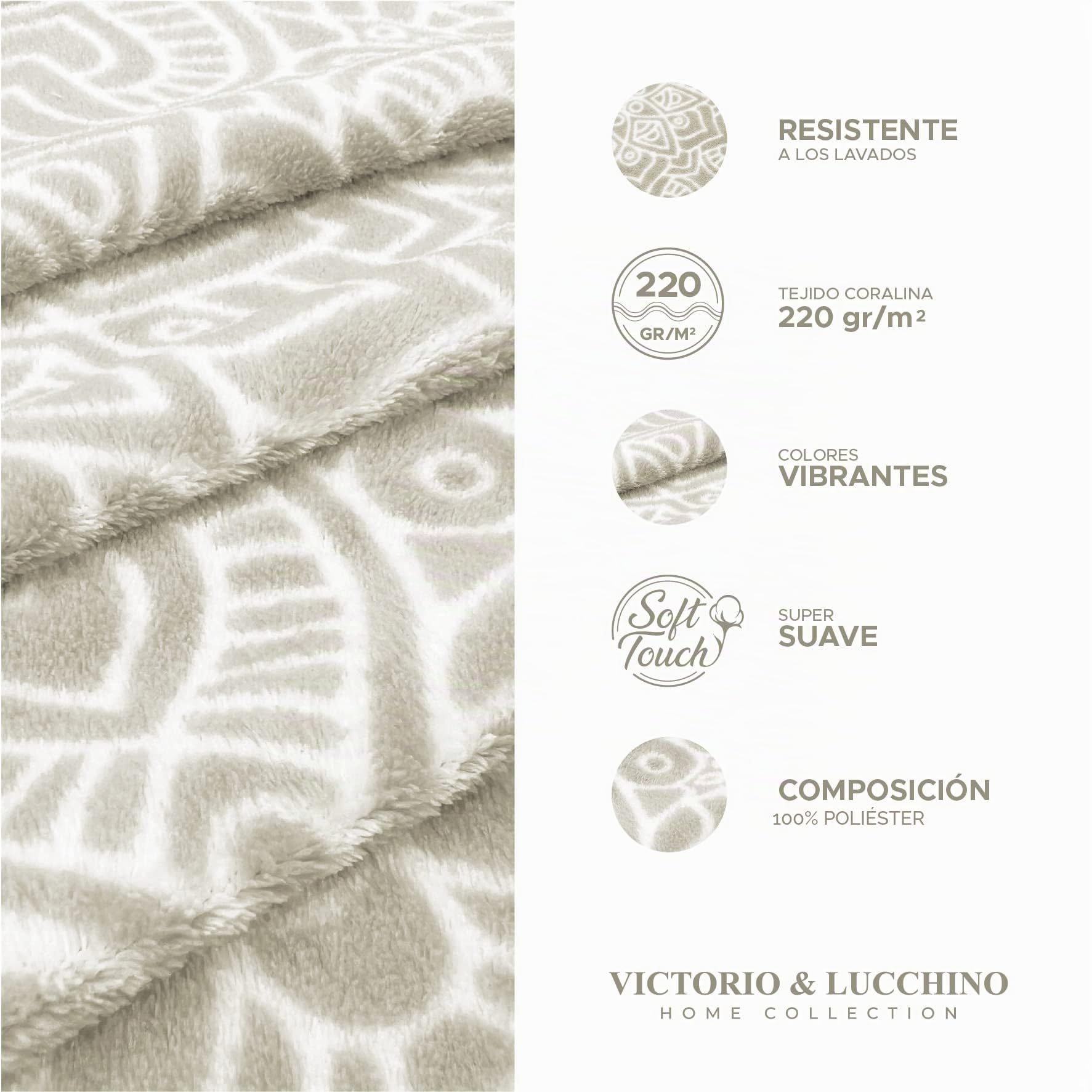 Victorio & Lucchino Juego de sábanas Coralina, térmica para Invierno, Tacto Suave - Modelo Beverly (Beige Embozo Blanco, 150 cm)