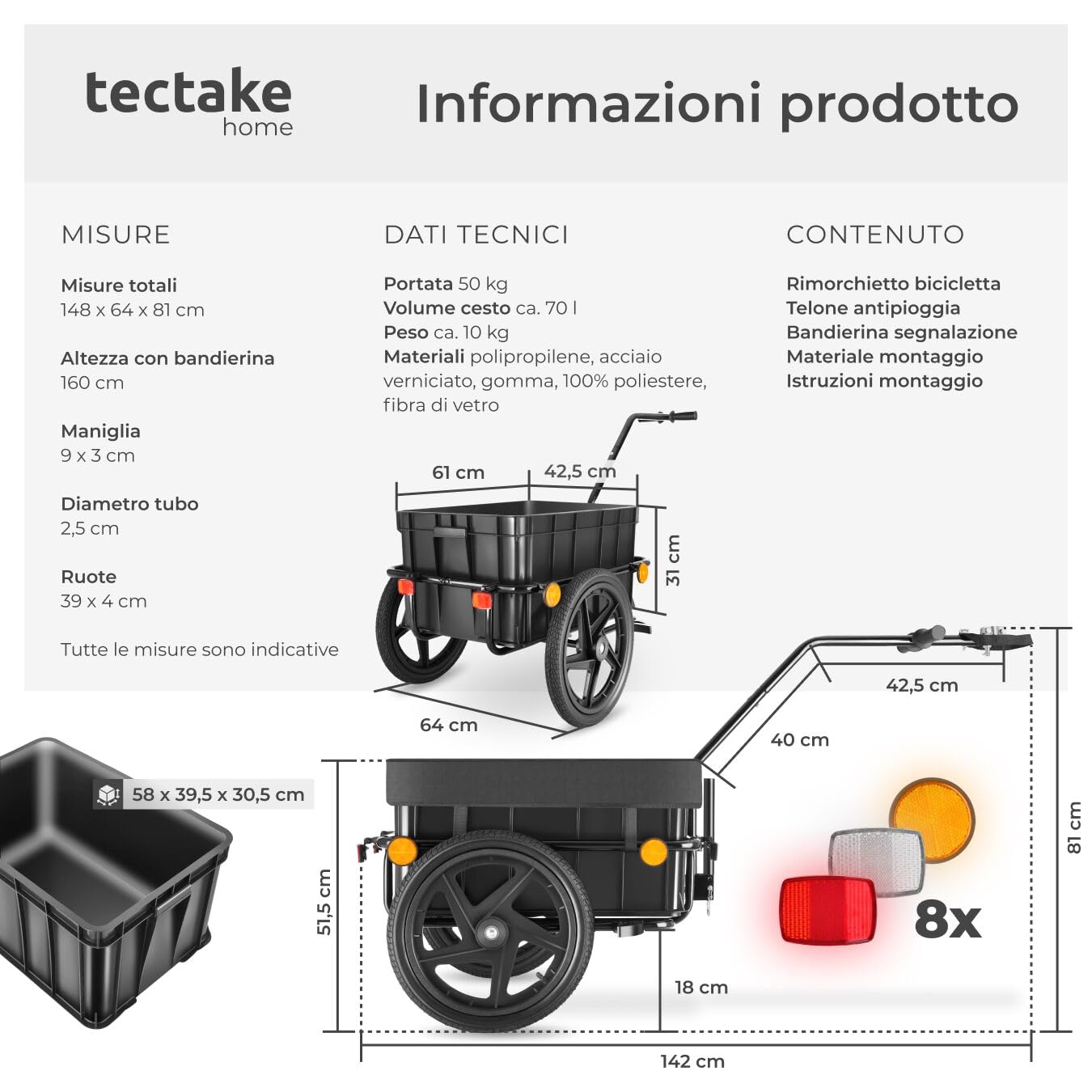 tectake® Rimorchio per Biciclette 2 in 1, Multifunzionale, Carrello a Mano, Cassa Rimovibile con Maniglie, Telo Impermeabile, Pneumatici con Cuscinetti a Sfera, Capacità Fino a 50 kg - Nero
