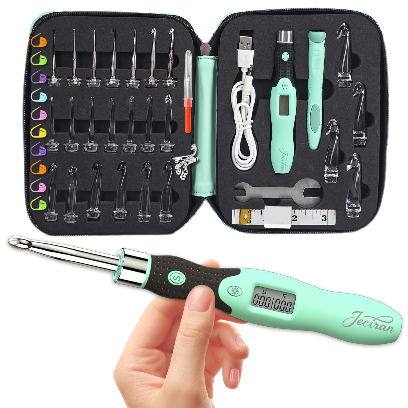 Verbessertes Häkelnadel-Set – 24-in-1 austauschbare Haken-Set – beleuchtet, digitaler Stich- und Reihenzähler – keine Notwendigkeit, Finger zu bewegen, ergonomisch für arthritische Hände – cooles