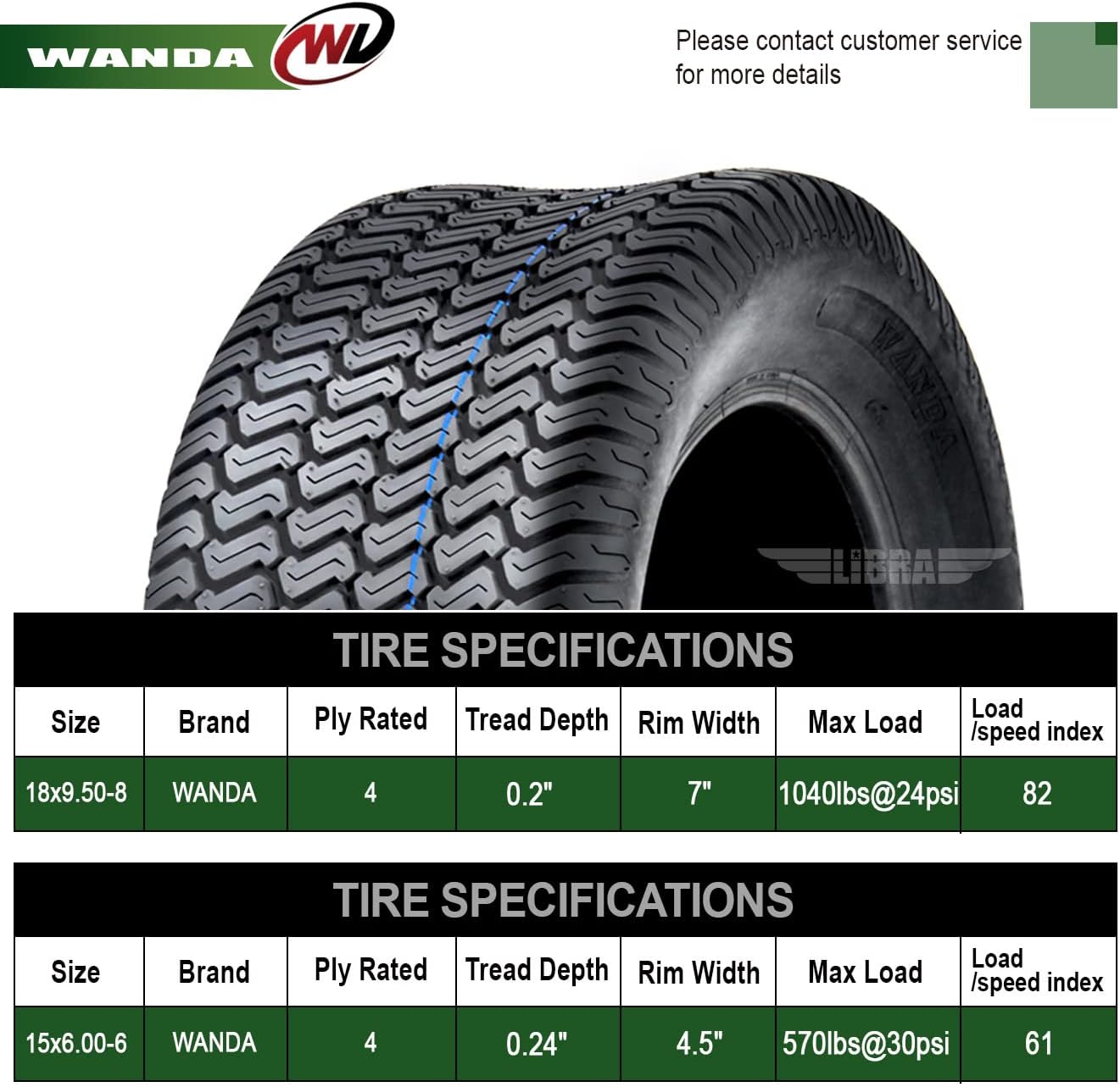 WANDA Set 4 Lawn Mower Turf Tires 15x6-6 Front & 18x9.5-8 Rear /4PR -13016/13032