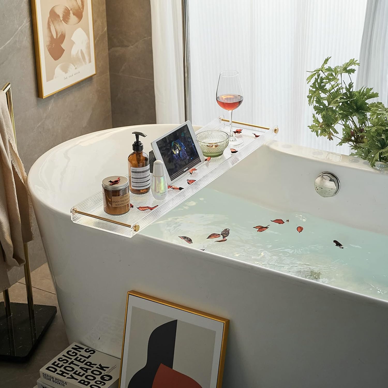 Bathtub Tray Acrylic Bath Tray Bathtub Caddy Non-Slip Bath Tub Tray Table with Gold Brushed Handles