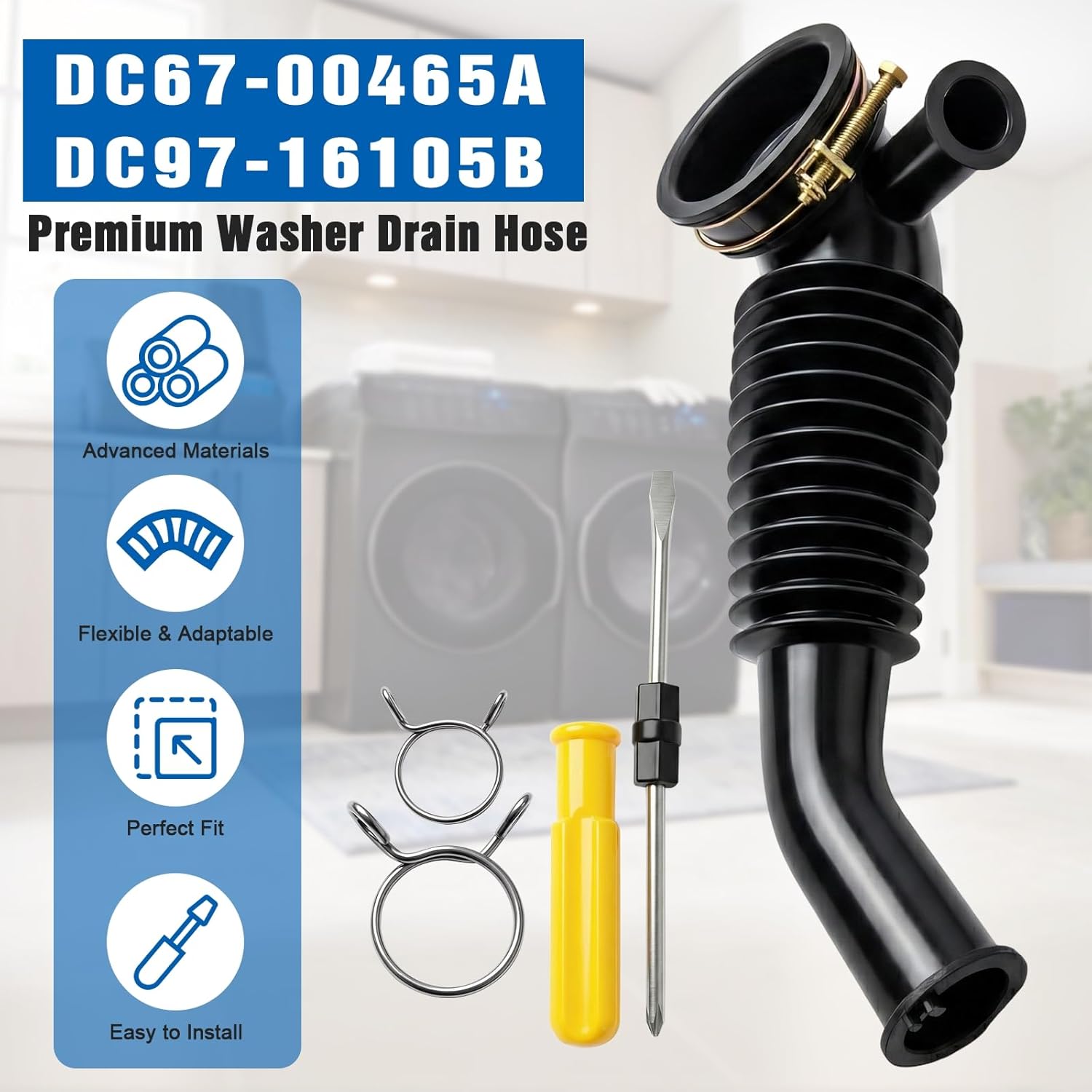 DC97-16105B Washer Drain Hose Compatible with Samsung Washing Machine Inside Water Pipe Rubber Spare Parts Replaces DC97-16105A DC67-00465A