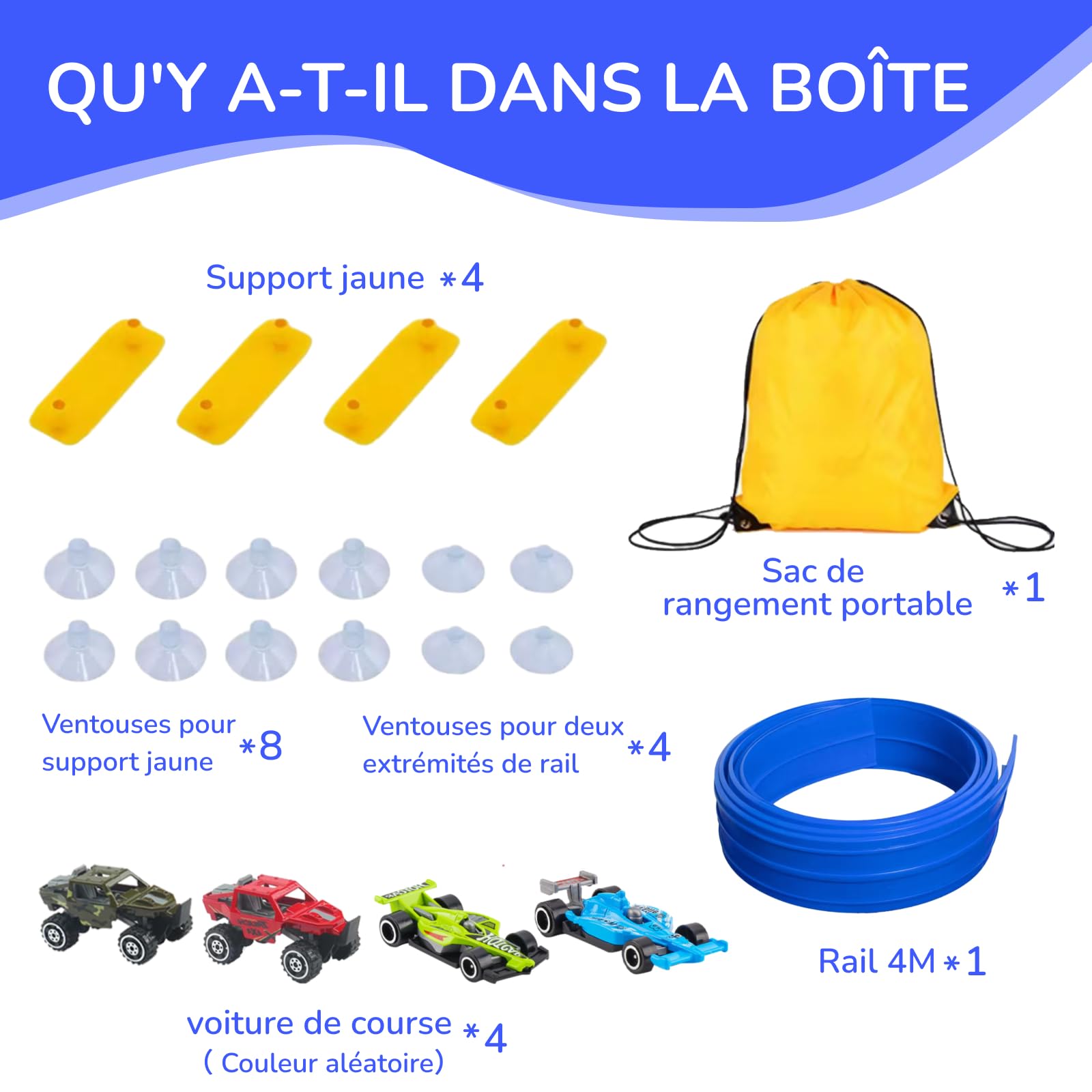 Circuit Voiture Enfant Roulable 4M Piste Flexible avec 4 Voitures + Sac de Rangement, Jouet de Piste de Course Portable pour sauts Boucles pour Voiture 1/64ème Dès 3 Ans, Bleu