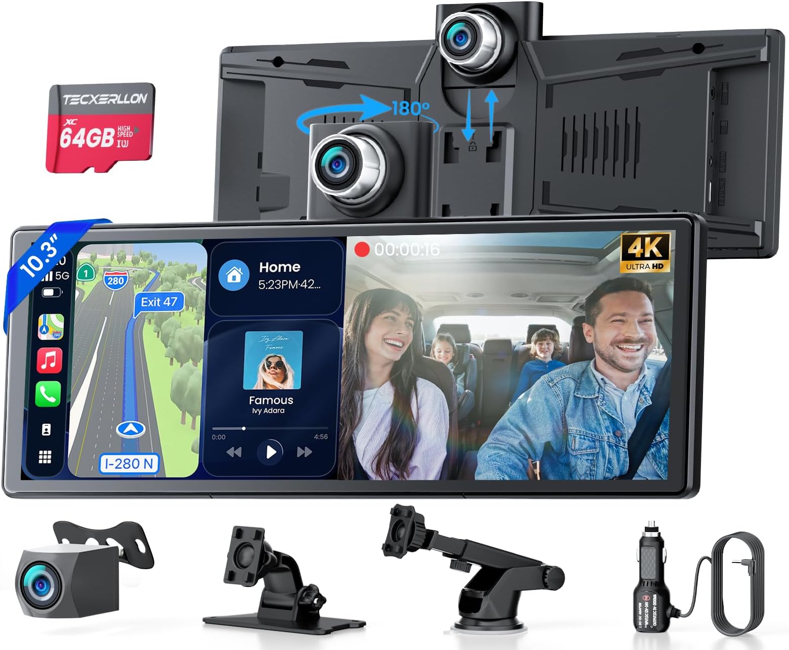10.3-Inch HD Wireless CarPlay Screen for Car with Rotatable 4K Dash Cam