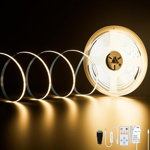 PAUTIX COB LED Strip Warm White 3000K, 10M 4800LEDs 24V CRI90+ Dimmable Bright COB Light Strip Kit with 13 Keys RF Remote and 24V Power Supply COB LED Lights for Bedroom Kitchen Home DIY Projects
