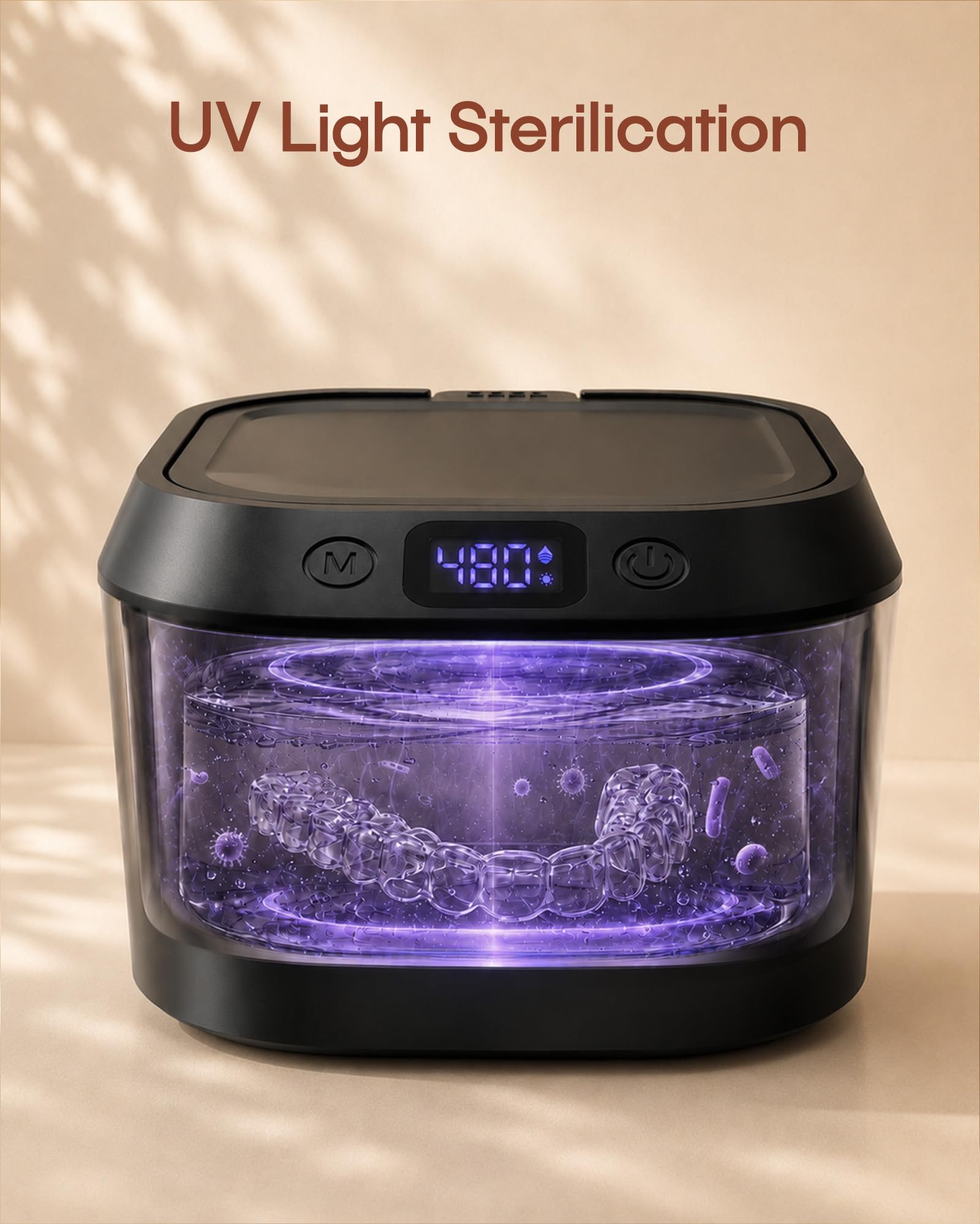 Pulitore a Ultrasuoni per Apparecchio, Pulitore a Ultrasuoni da 48kHz con Luce UV, Contenitore da 220mL, 7 Modalità, Pulitore Dentale per Dentiera, Paradenti, Allineatore, Bite e Gioielli