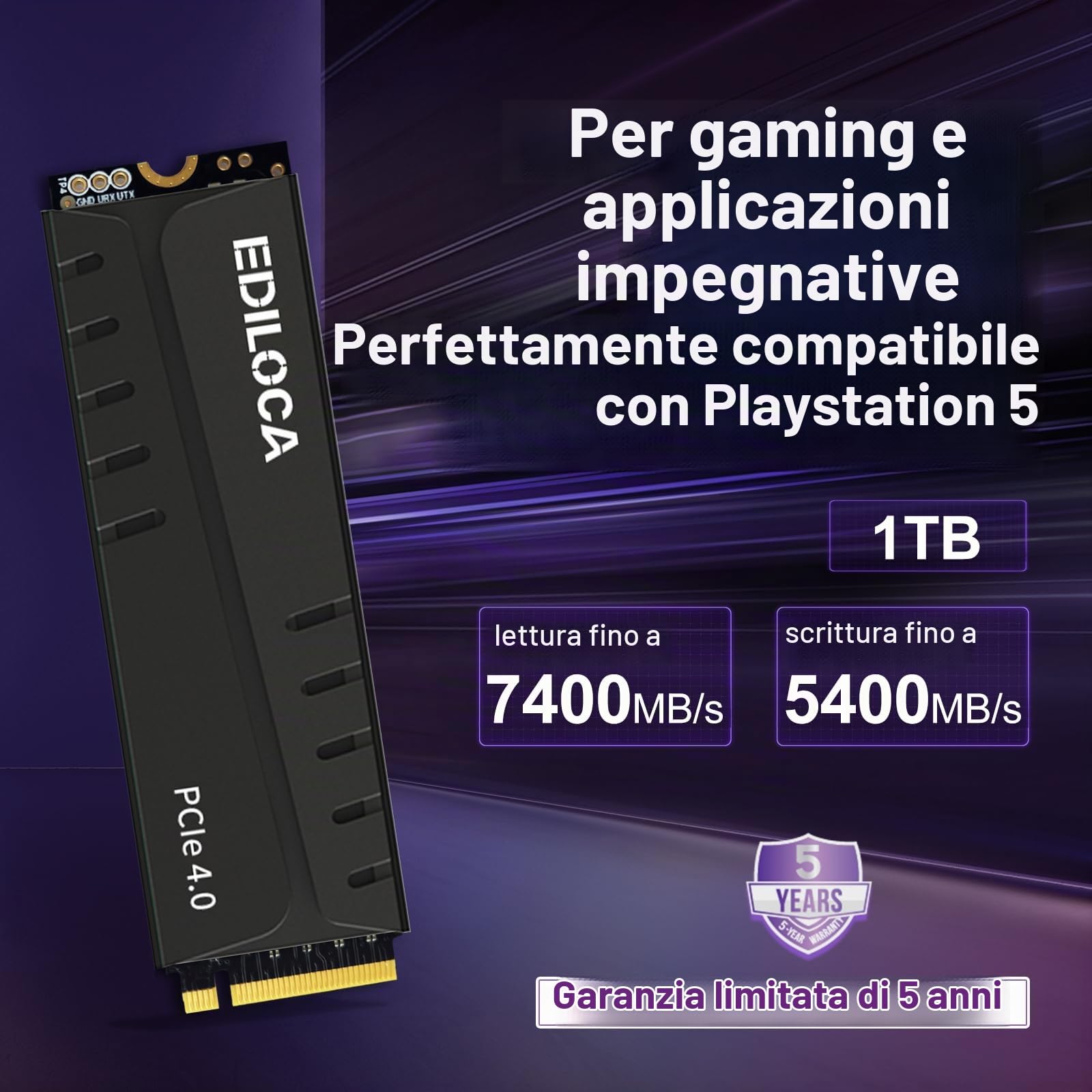 Ediloca EN855 SSD da gioco interno con dissipatore di calore 1 TB PCIe Gen4, NVMe M.2 2280, fino a 7400 MB/s, unità a stato solido, configura cache DRAM, compatibile con PS5 e PC