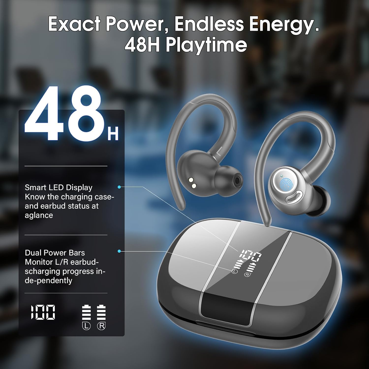 Csasan Auriculares inalámbricos Deportivos, Cascos Sonido Premium Gris | 48H Bluetooth 5.3 Auriculares con HD Micrófono y Pantalla LED, Diseño de Gancho de Aire, iOS Android para Deportes/Fitness