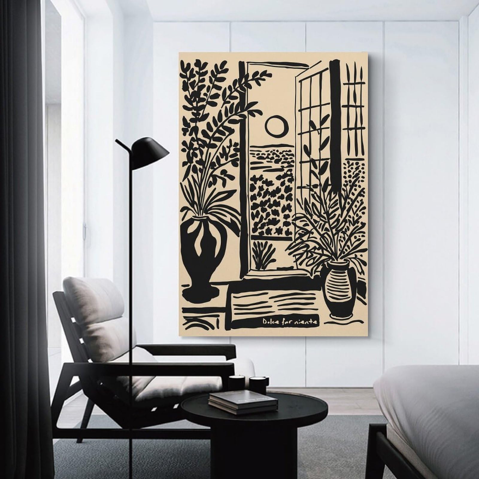 Junmoney Canvas Art Print Dolce Far Niente Window with Plants, 24x36inch(60x90cm), for Calm Bedrooms, Home Corners Or Flats, A Warm Accent for Relaxed Interiors
