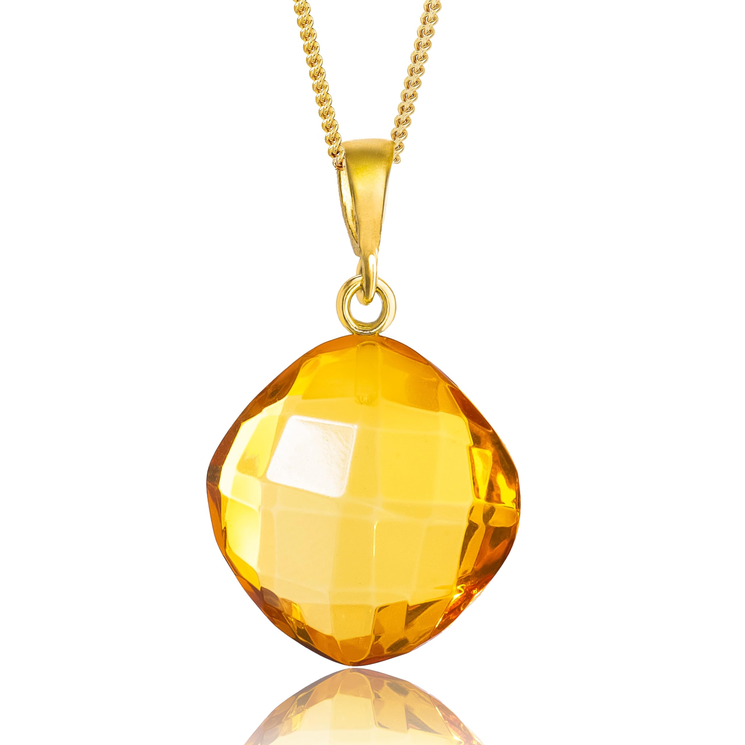 Baltic Amber Pendant for Women, Sparkling Amber Drop, Gold Plated Sterling Silver Necklace, Cognac Color Jewelry for Ladies, 18 inch gold plated chain: Faceted Cushion