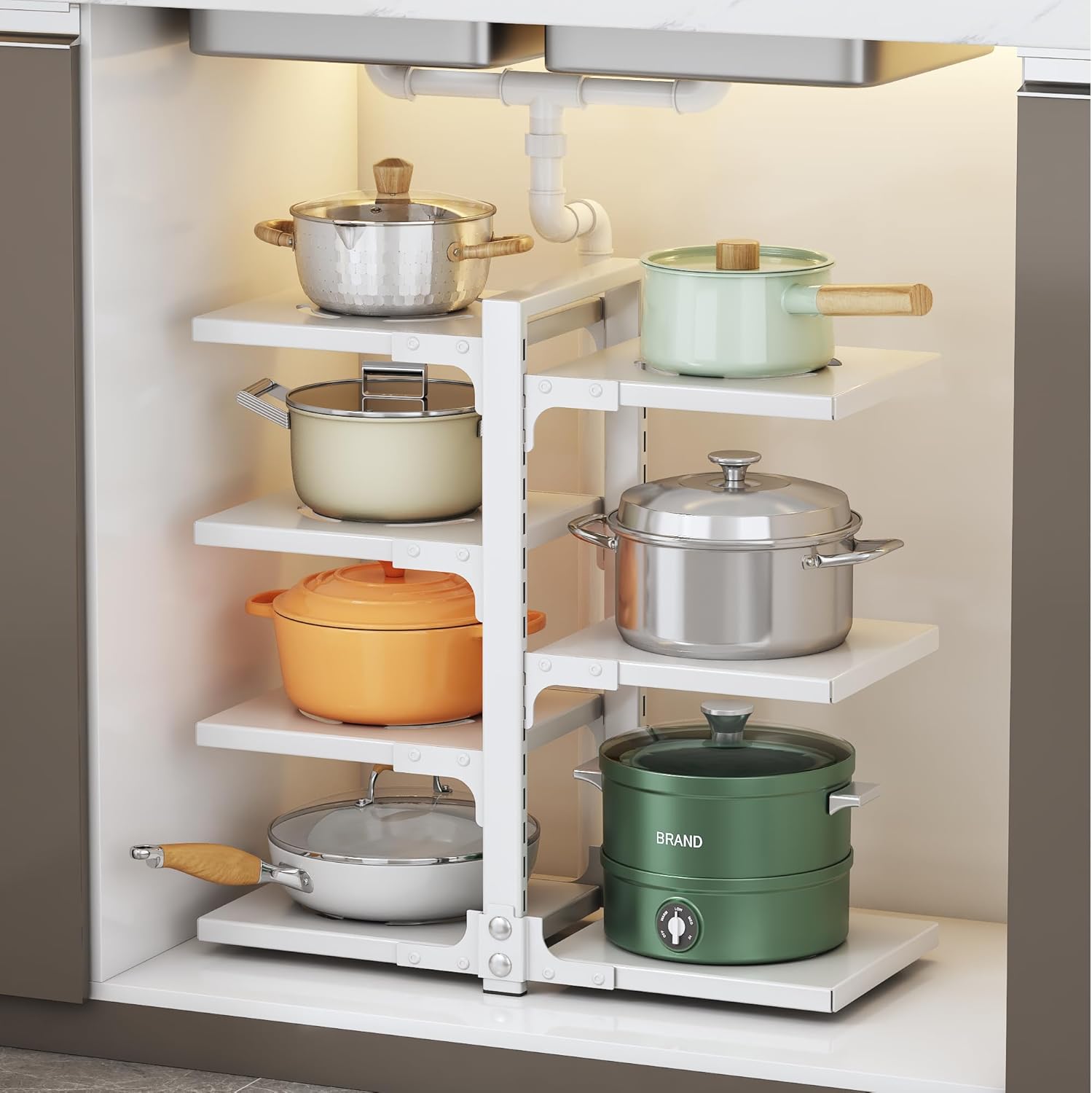Under Cabinet Pot Organizer, White Metal 7-Tier Adjustable Kitchen Storage Rack, Modern Style, 51x22.6x53cm, Scratch Resistant, for Cookware Organization