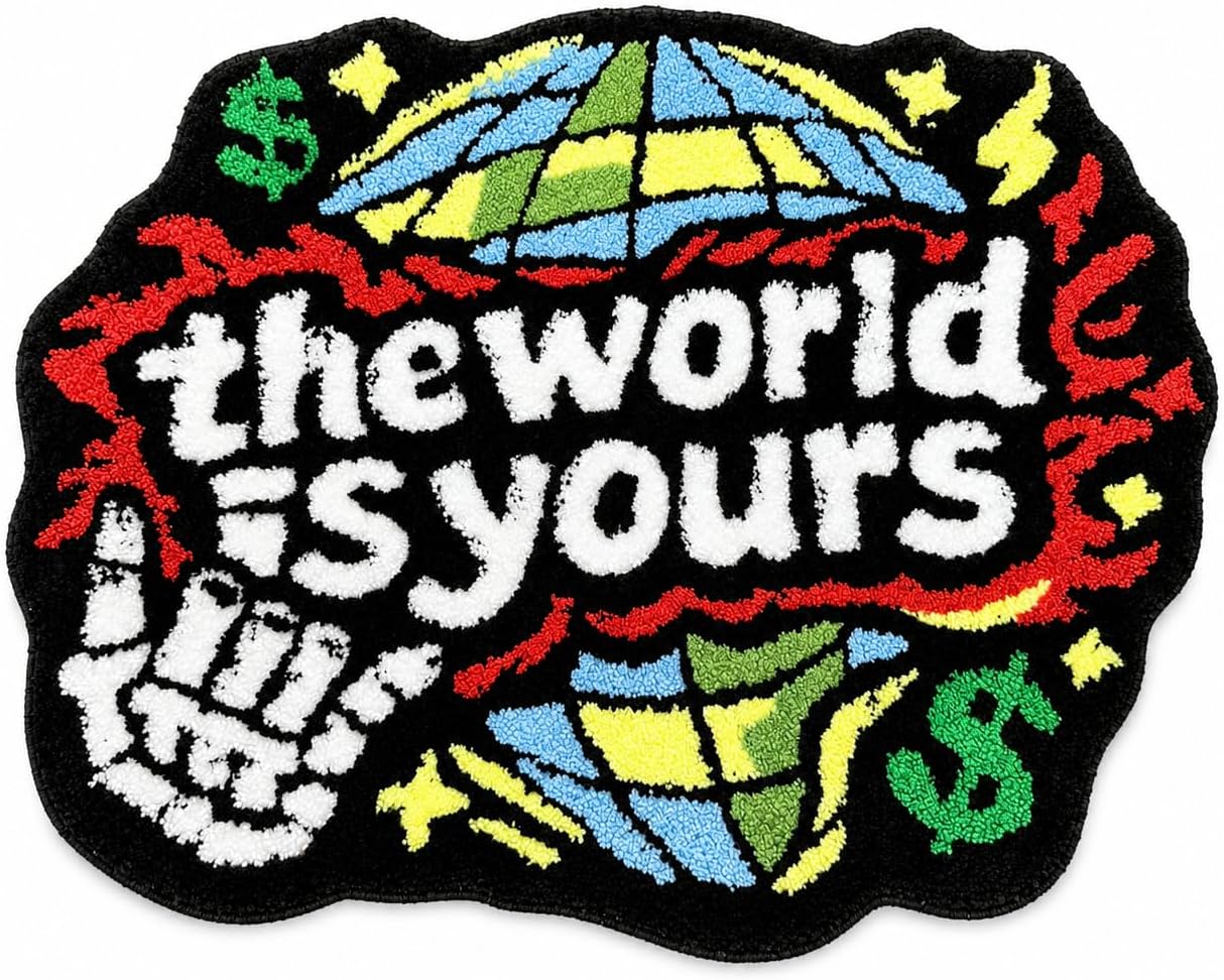 The World is Yours Tufted Area Rug, Graffiti Style Aesthetic Carpet, Soft Non Slip Accent Rug for Bedroom, Gaming Room, Dorm, Apartment, Streetwear Room Decor Gift